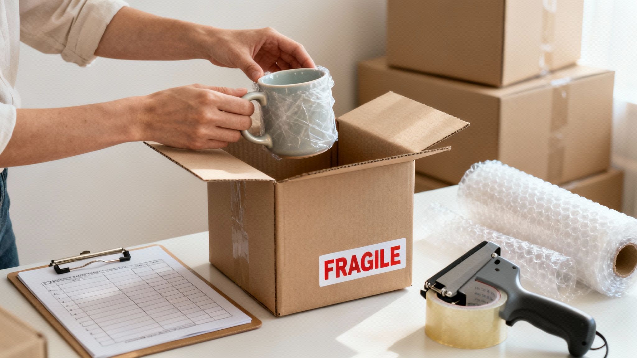 Person carefully placing a bubble-wrapped mug into a 'FRAGILE' moving box, with packing supplies.