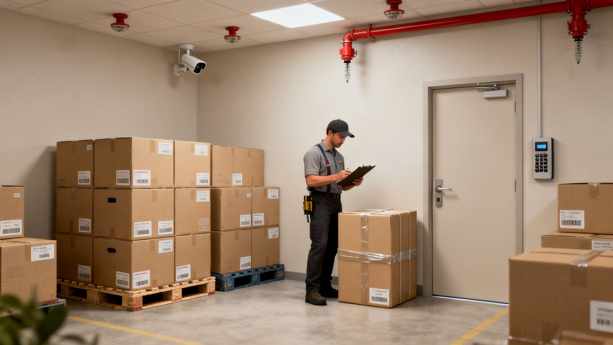 A warehouse worker checks a clipboard next to stacks of cardboard boxes on pallets.