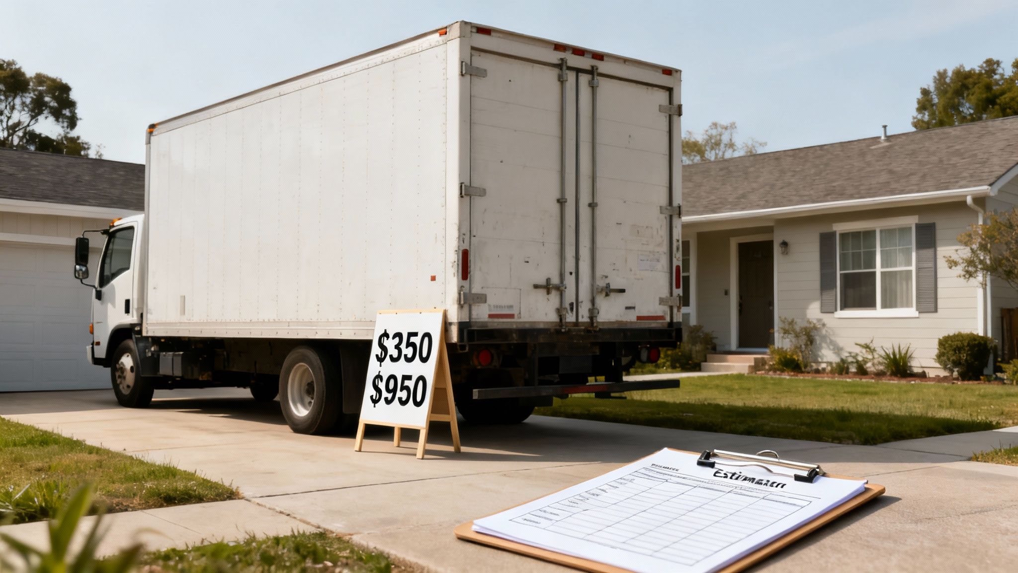 A moving truck in a driveway with a sign displaying $350 and $950 next to an estimate clipboard.
