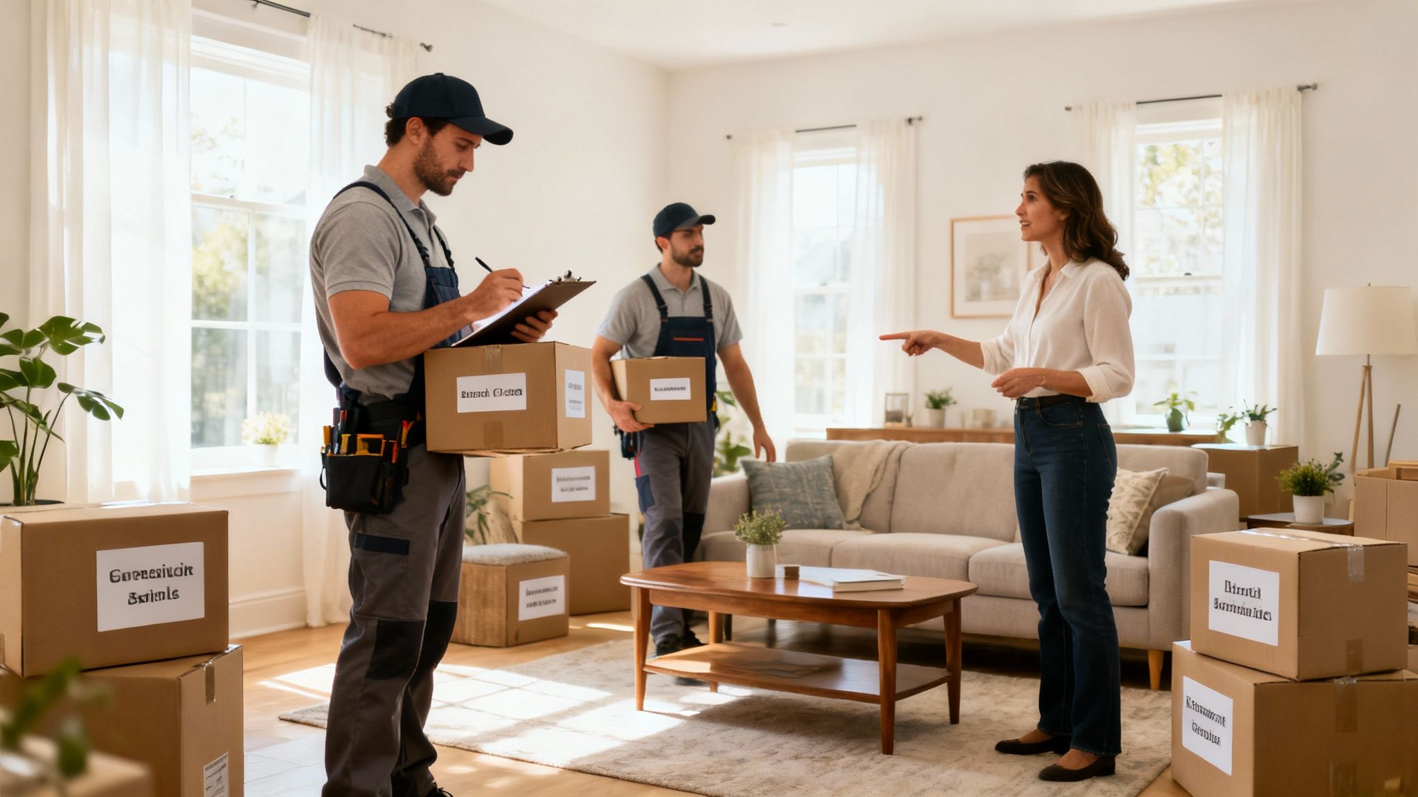 A woman directs two professional movers in a bright living room, surrounded by moving boxes.
