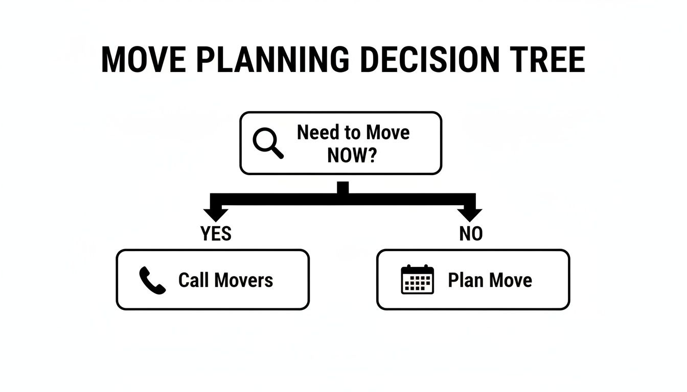 A simple decision tree for move planning, asking 'Need to Move NOW?' and providing two paths.