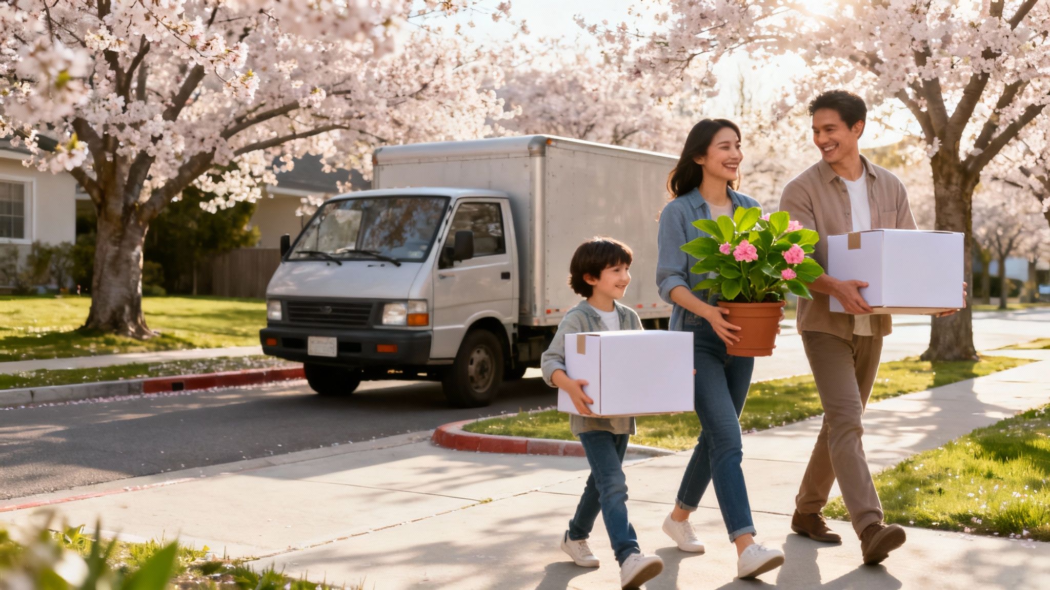 A happy family with a child carrying boxes and a plant, walking past a moving truck.