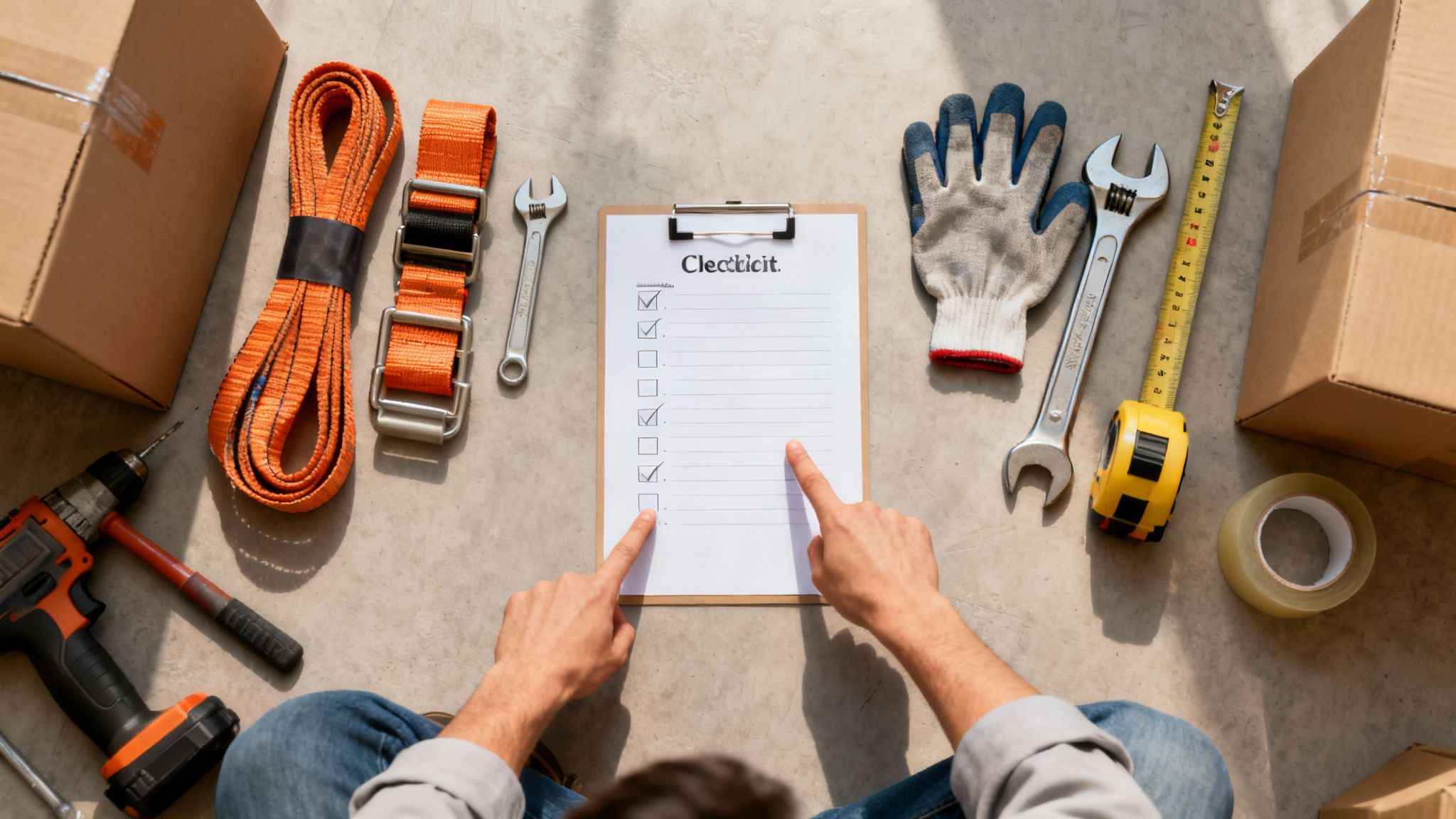 Overhead view of hands pointing at a moving checklist on a clipboard, surrounded by various tools and boxes.