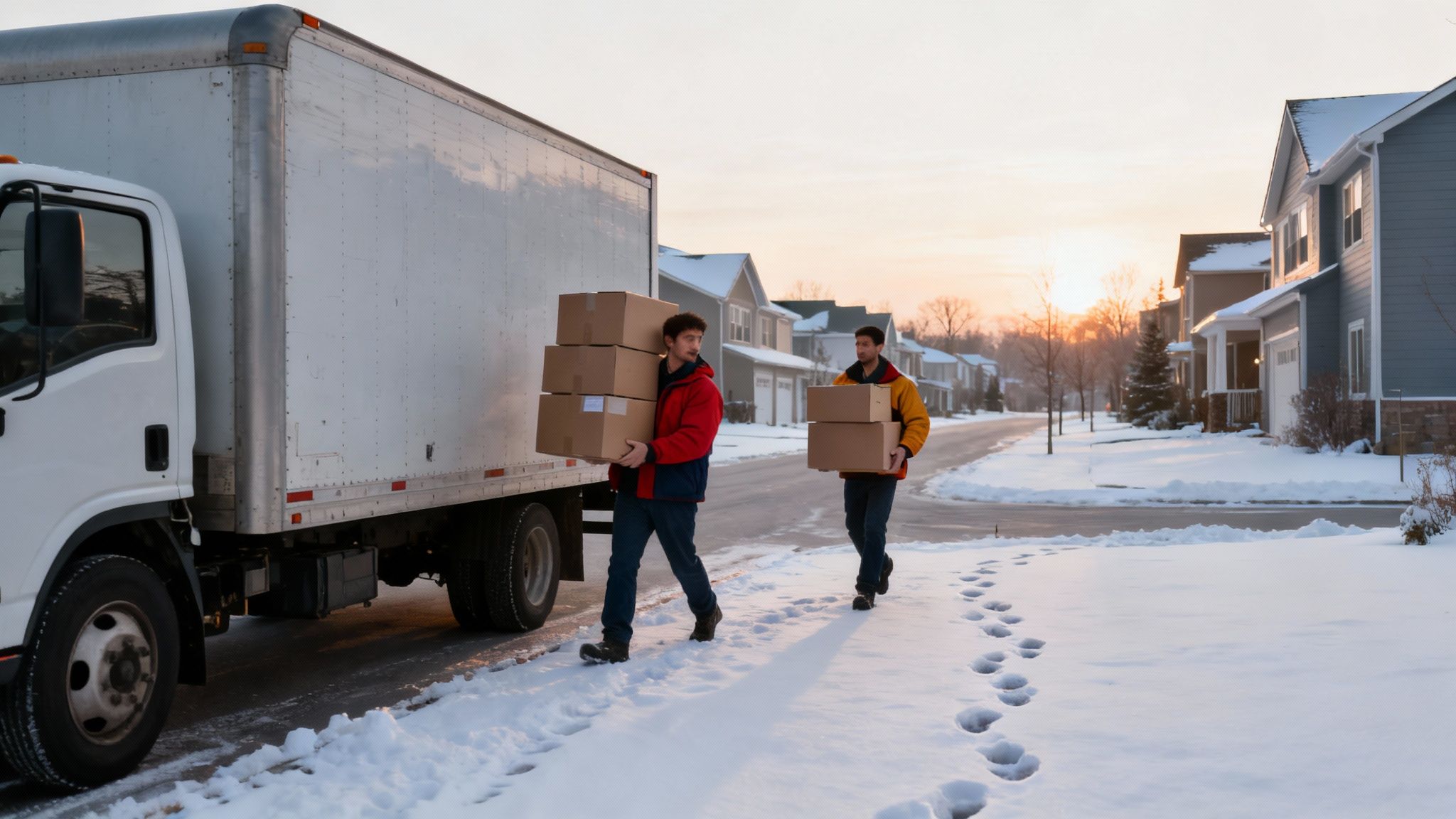 Two movers carrying cardboard boxes from a white truck in a snowy suburban neighborhood at sunset.
