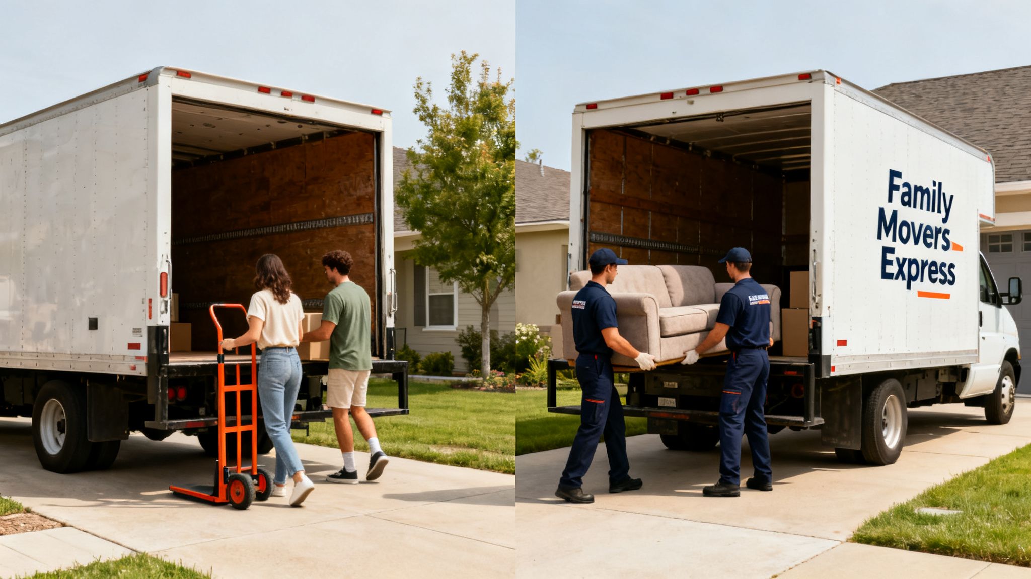 Split image showing a couple loading boxes and professional movers loading a sofa into moving trucks.