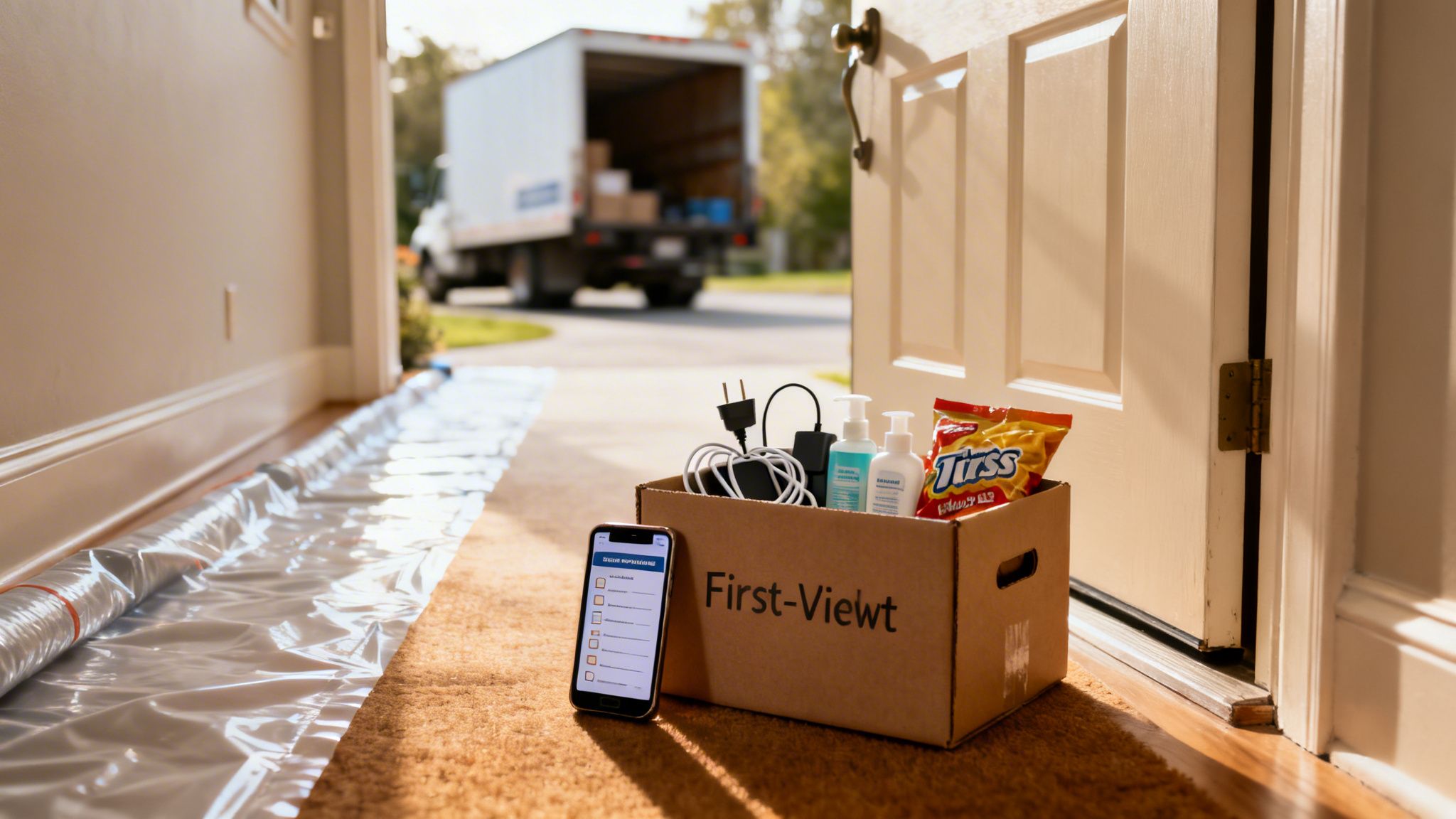 A moving day welcome kit with essentials and a smartphone checklist at a home's entrance.