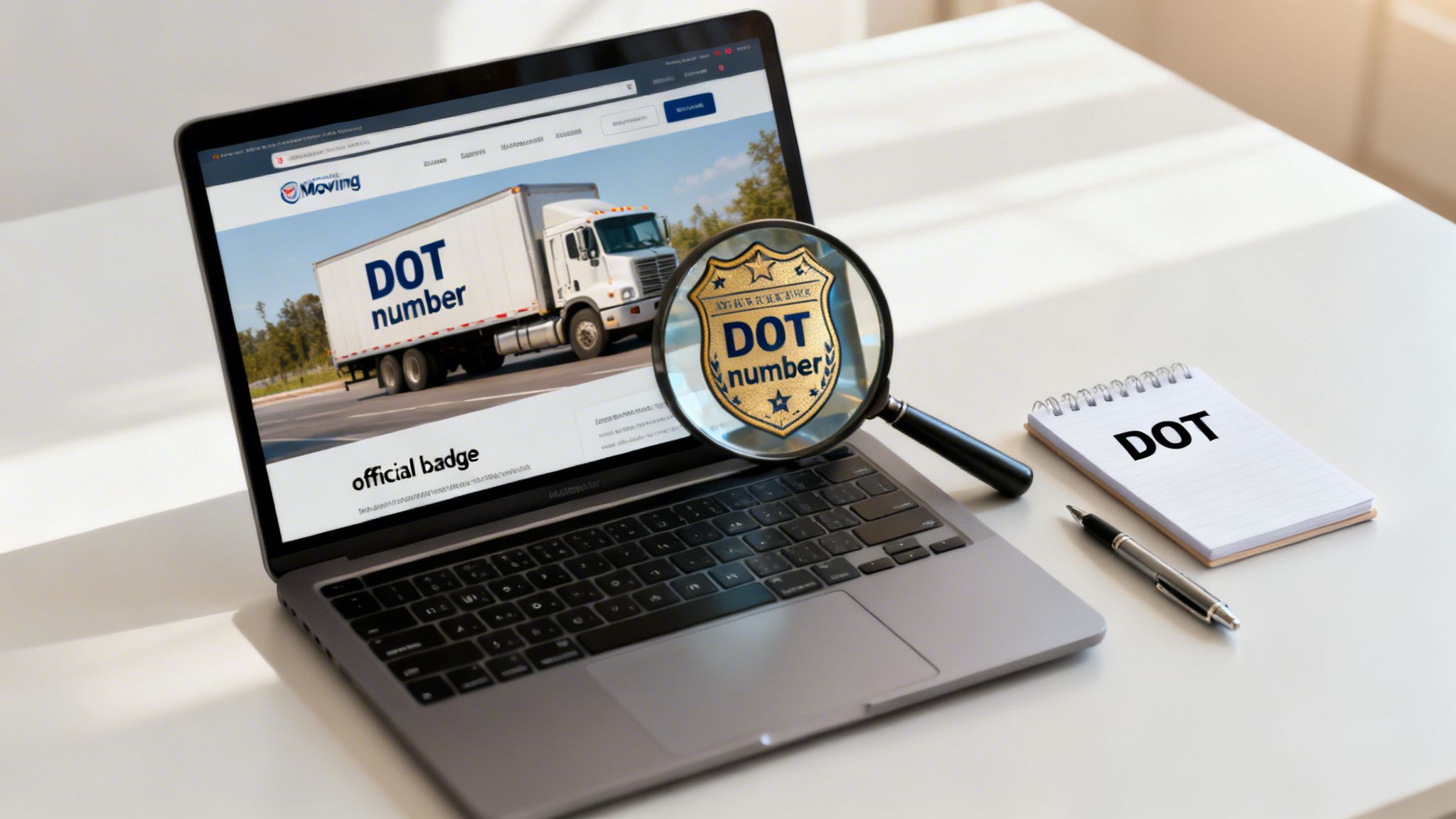 Laptop displays a website about DOT numbers for moving companies, with a magnifying glass on a badge and a notepad.