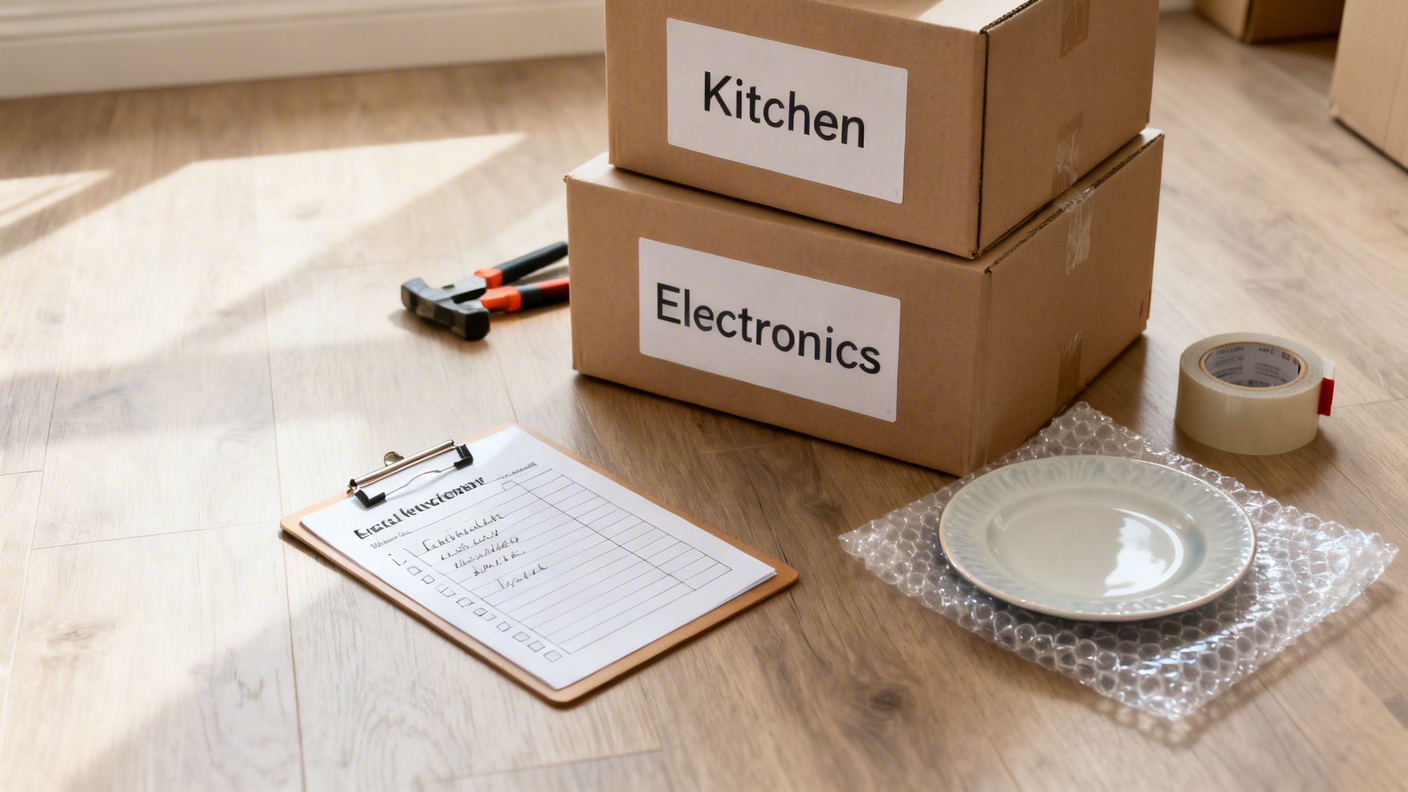 Moving supplies spread on a wooden floor, including labeled boxes, a clipboard, and packing materials.