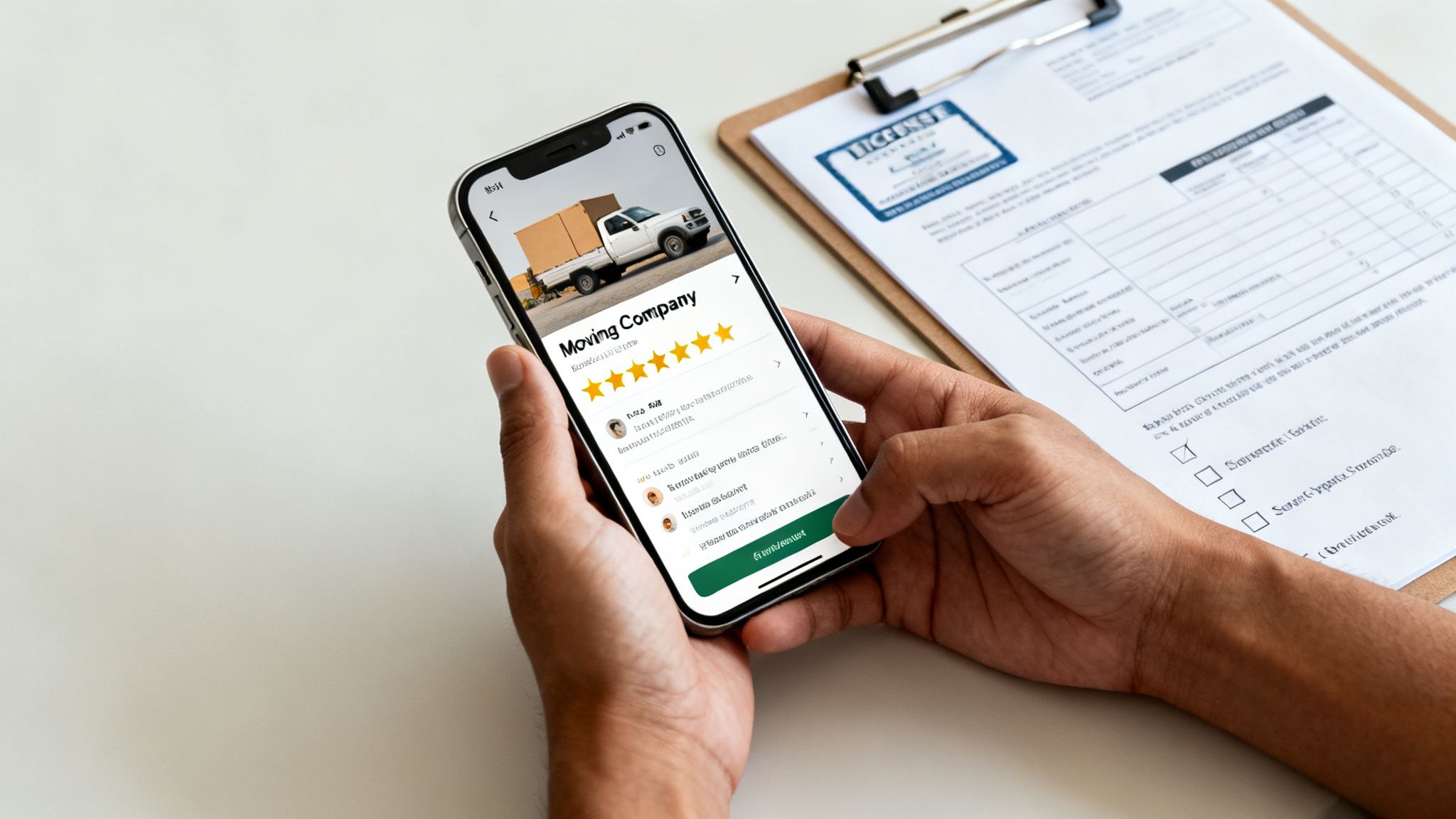 A person holds a smartphone showing a moving company app with a truck, 5-star ratings, and reviews, next to a clipboard with a license document.
