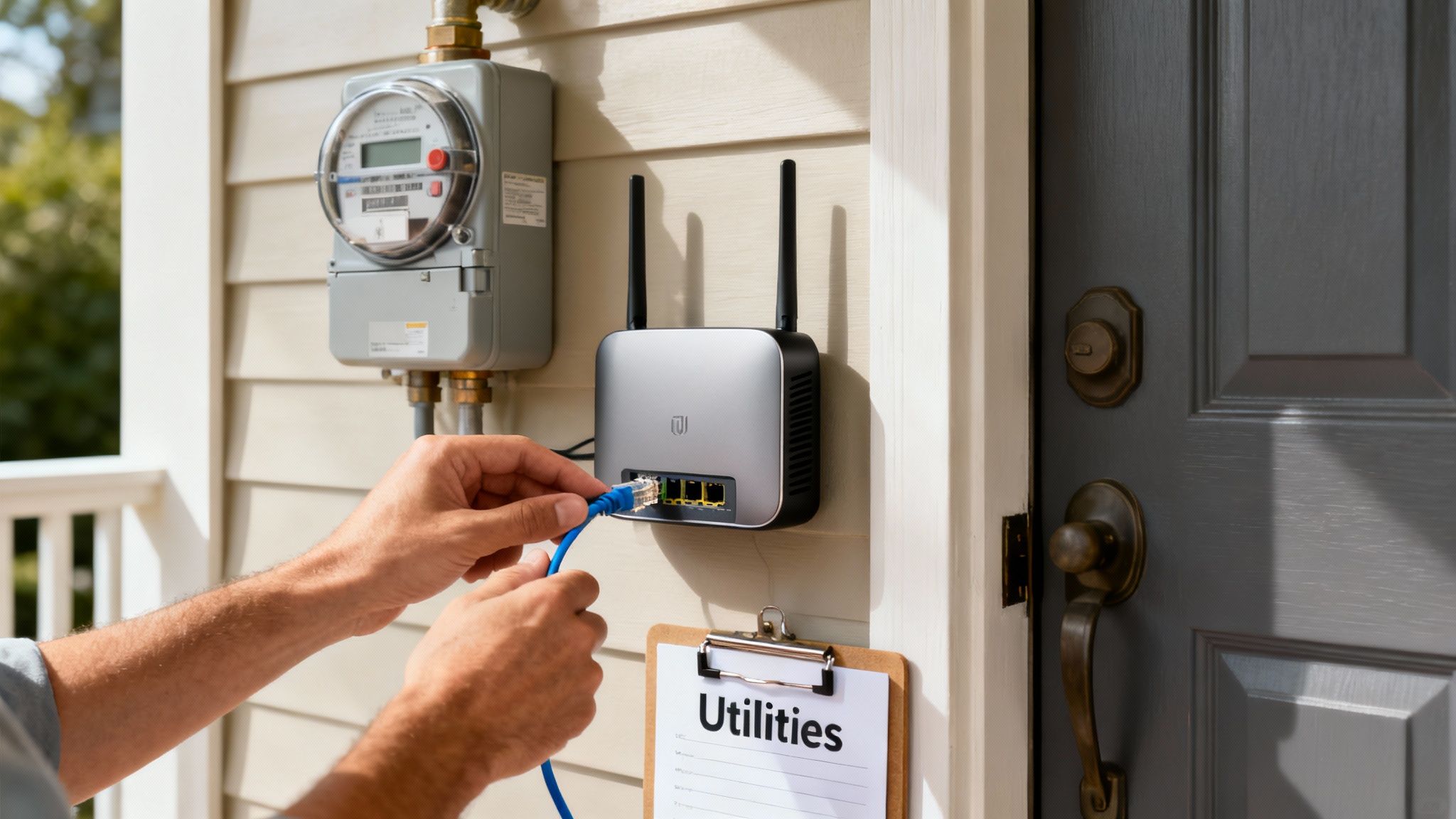 Hands connecting a blue ethernet cable to a wall-mounted network device near a utility meter and door.