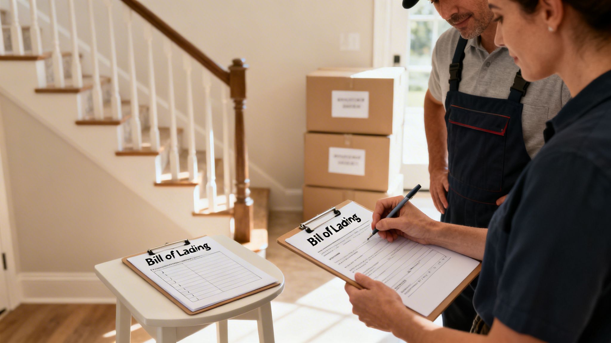 Two people, a man and a woman, signing a Bill of Lading during a moving process.