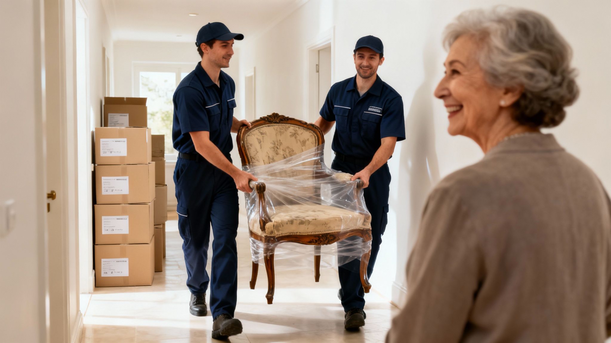 Two smiling movers in uniform carefully carry a wrapped chair past an elderly woman and stacked moving boxes.