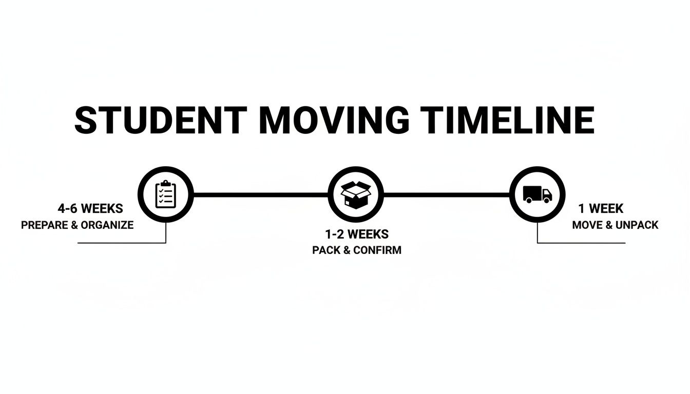 A student moving timeline infographic showing three stages: prepare, pack, and move, with timeframes.