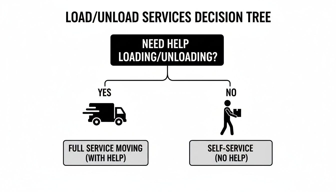 Decision tree for load/unload services, offering full service with help or self-service without help.