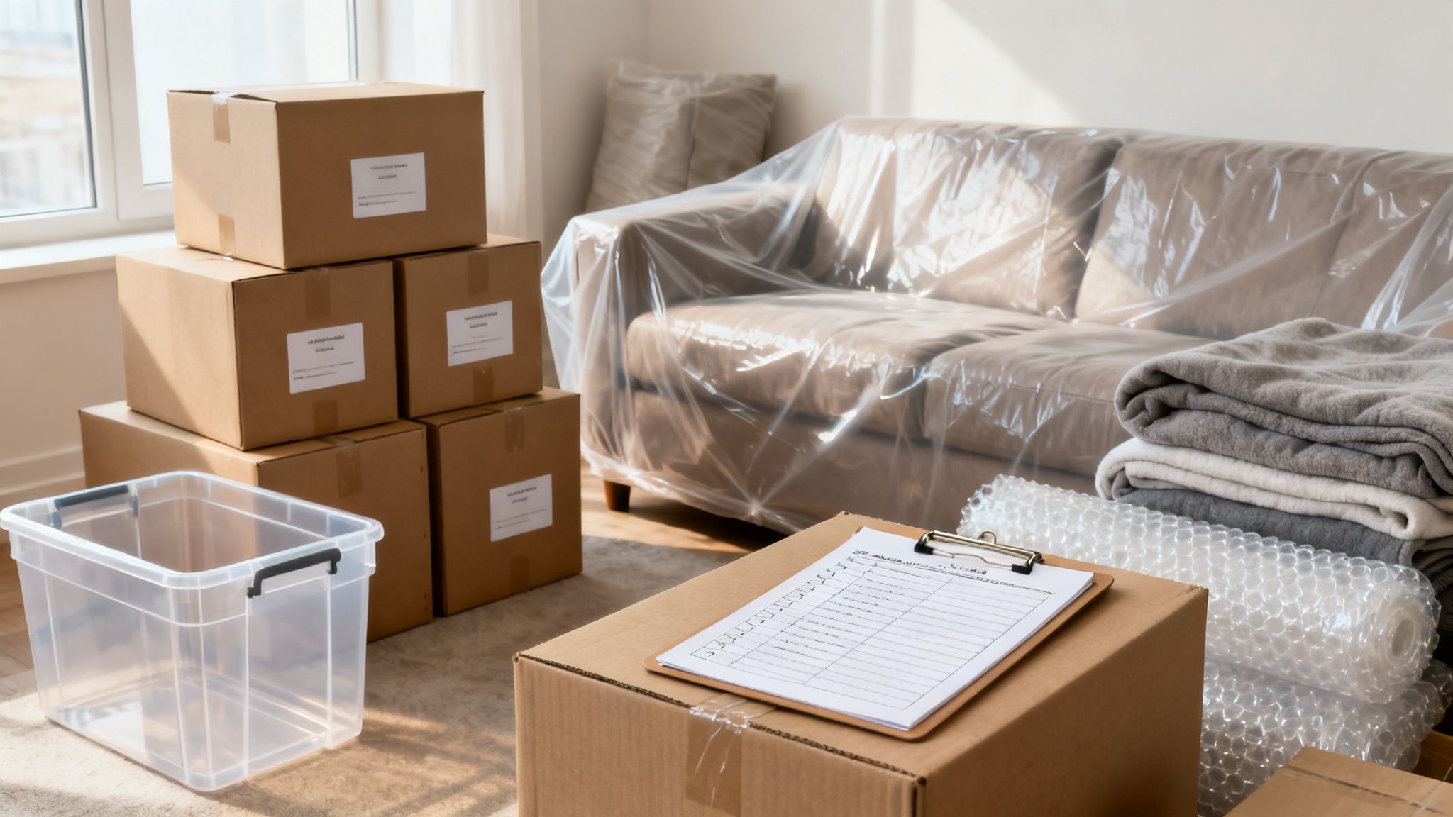 A room packed with moving boxes, a plastic-covered sofa, and packing supplies ready for relocation.