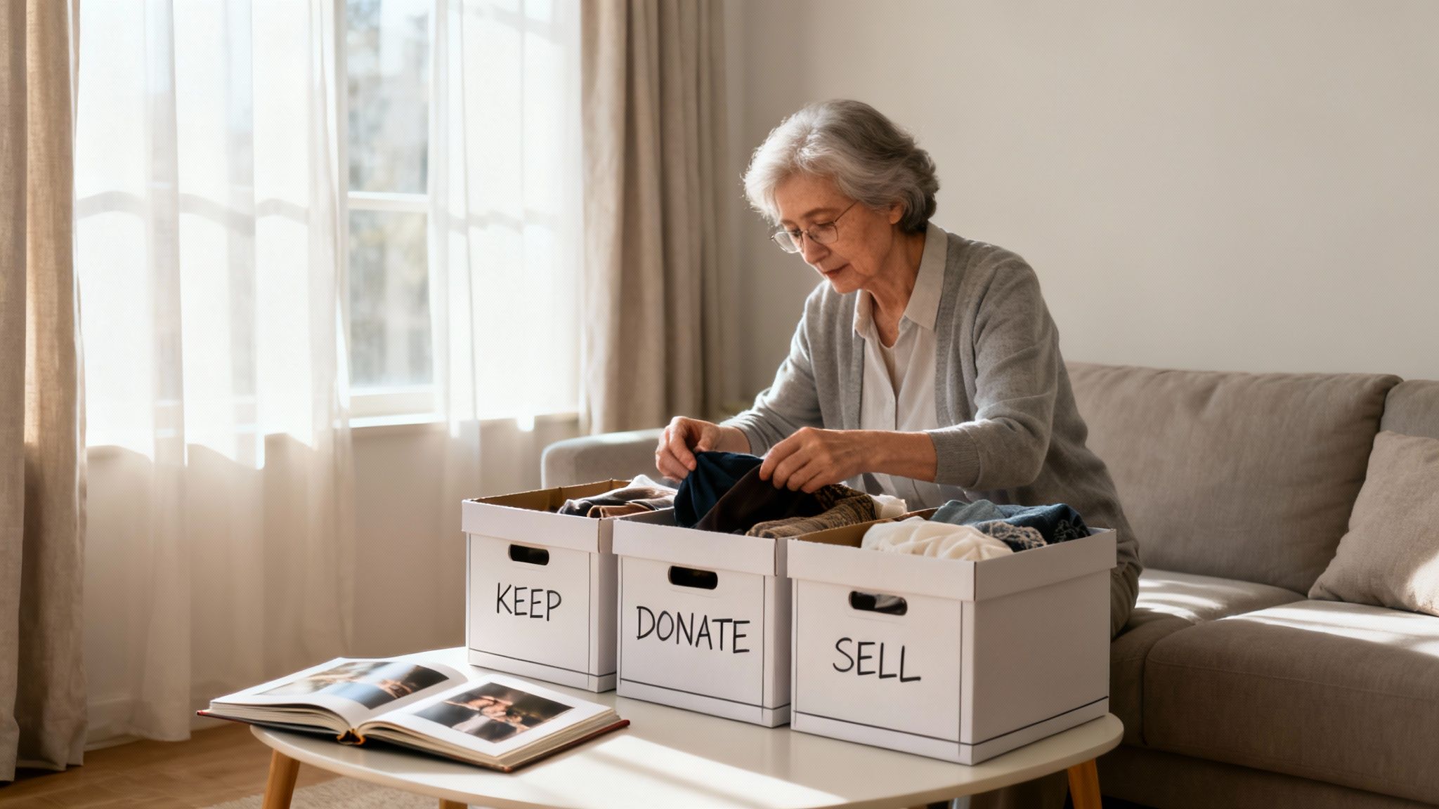 An elderly woman sorts clothes into 'Keep', 'Donate', and 'Sell' boxes, preparing for a move.