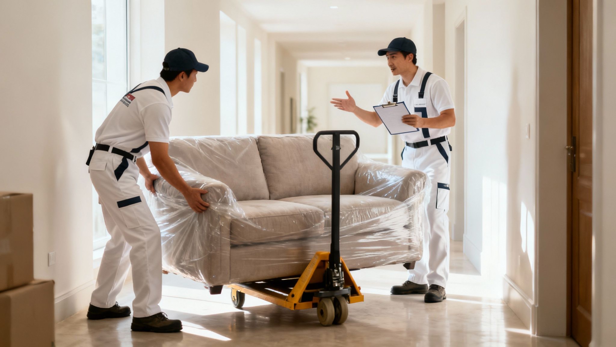Two professional movers transporting a plastic-wrapped sofa on a pallet jack in a modern house.