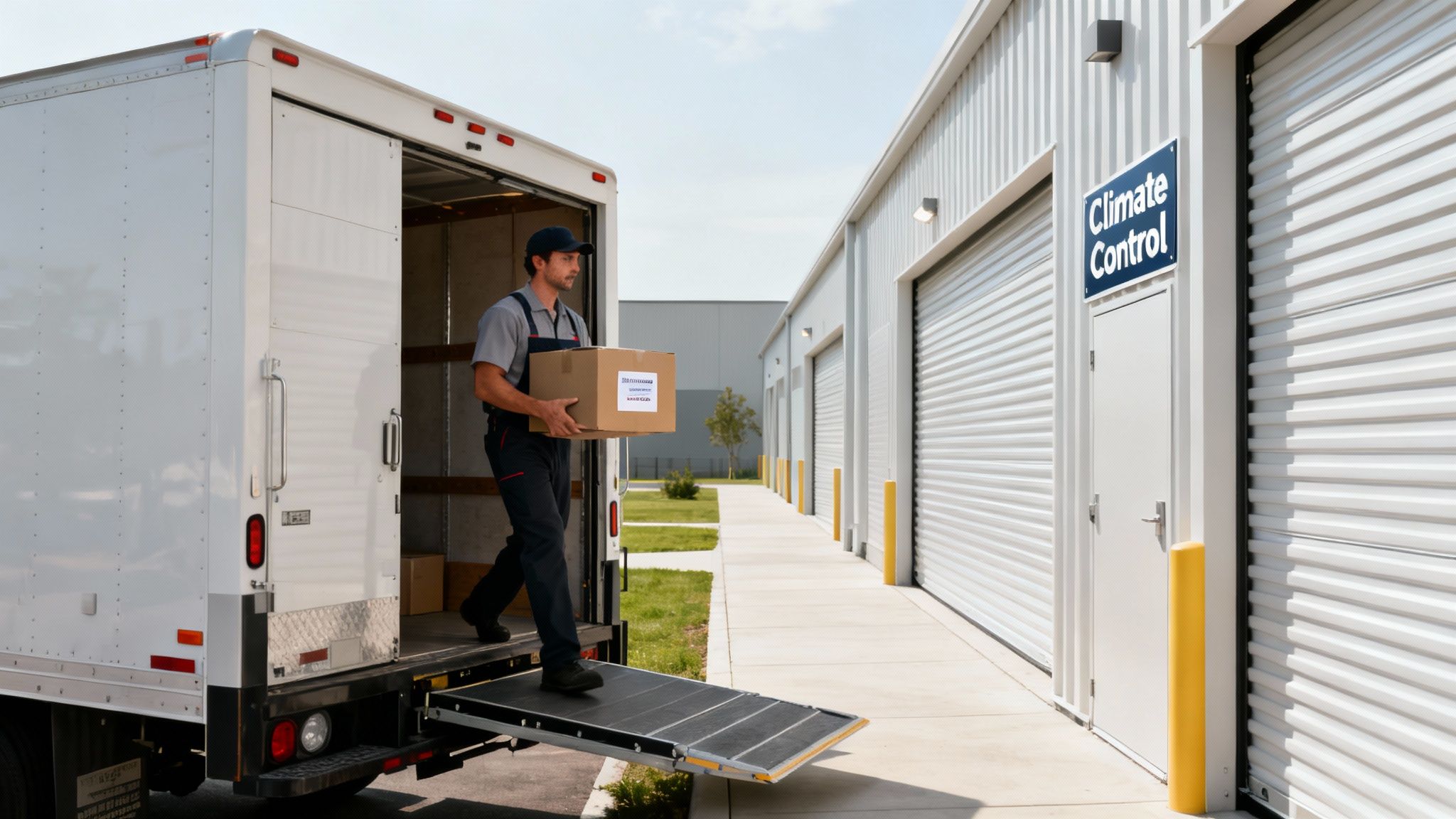 A man unloads a box from a delivery truck onto a ramp, heading towards climate-controlled self-storage units.