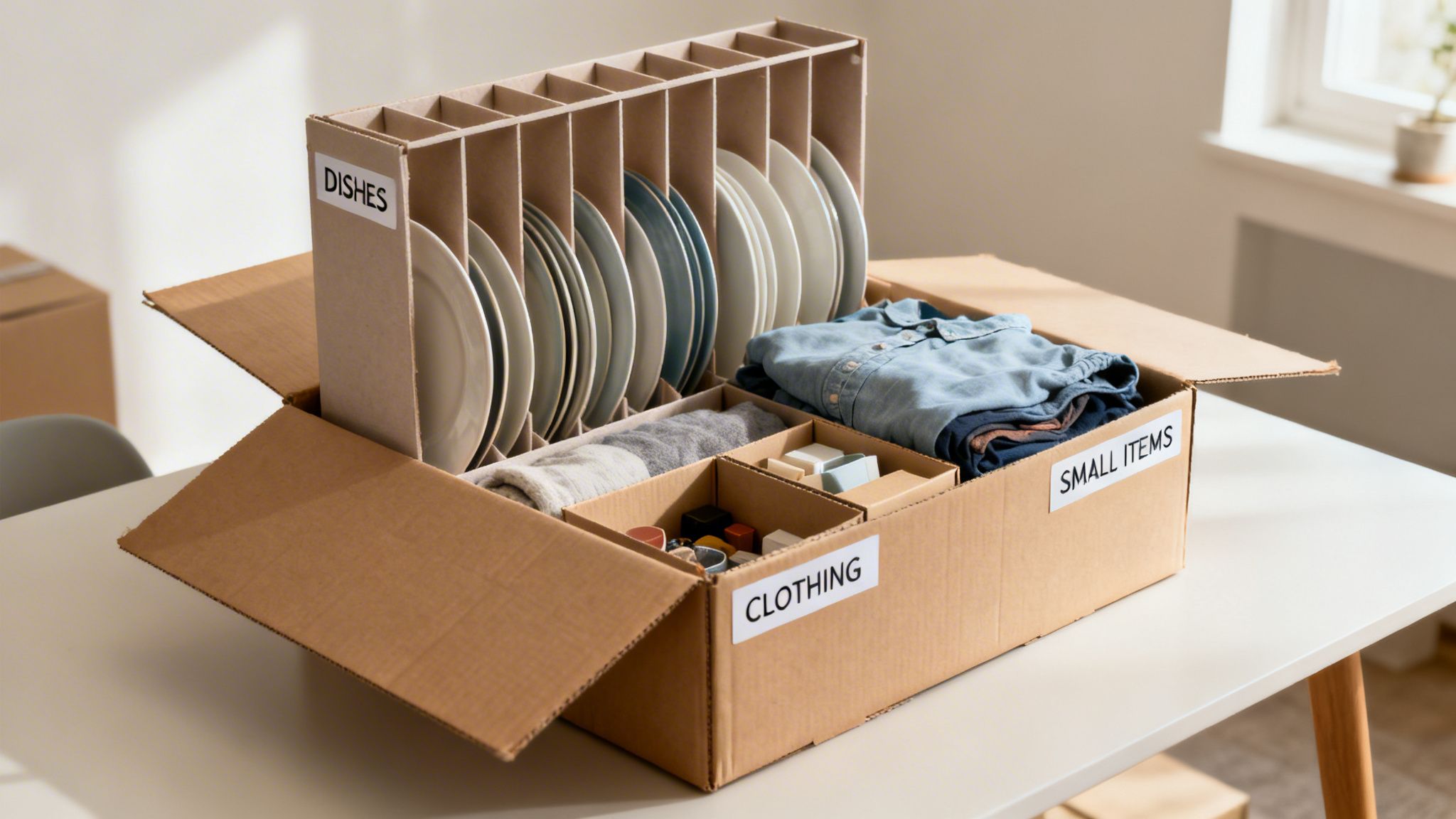 An open moving box on a table, neatly packed with labeled sections for dishes, clothing, and small items.