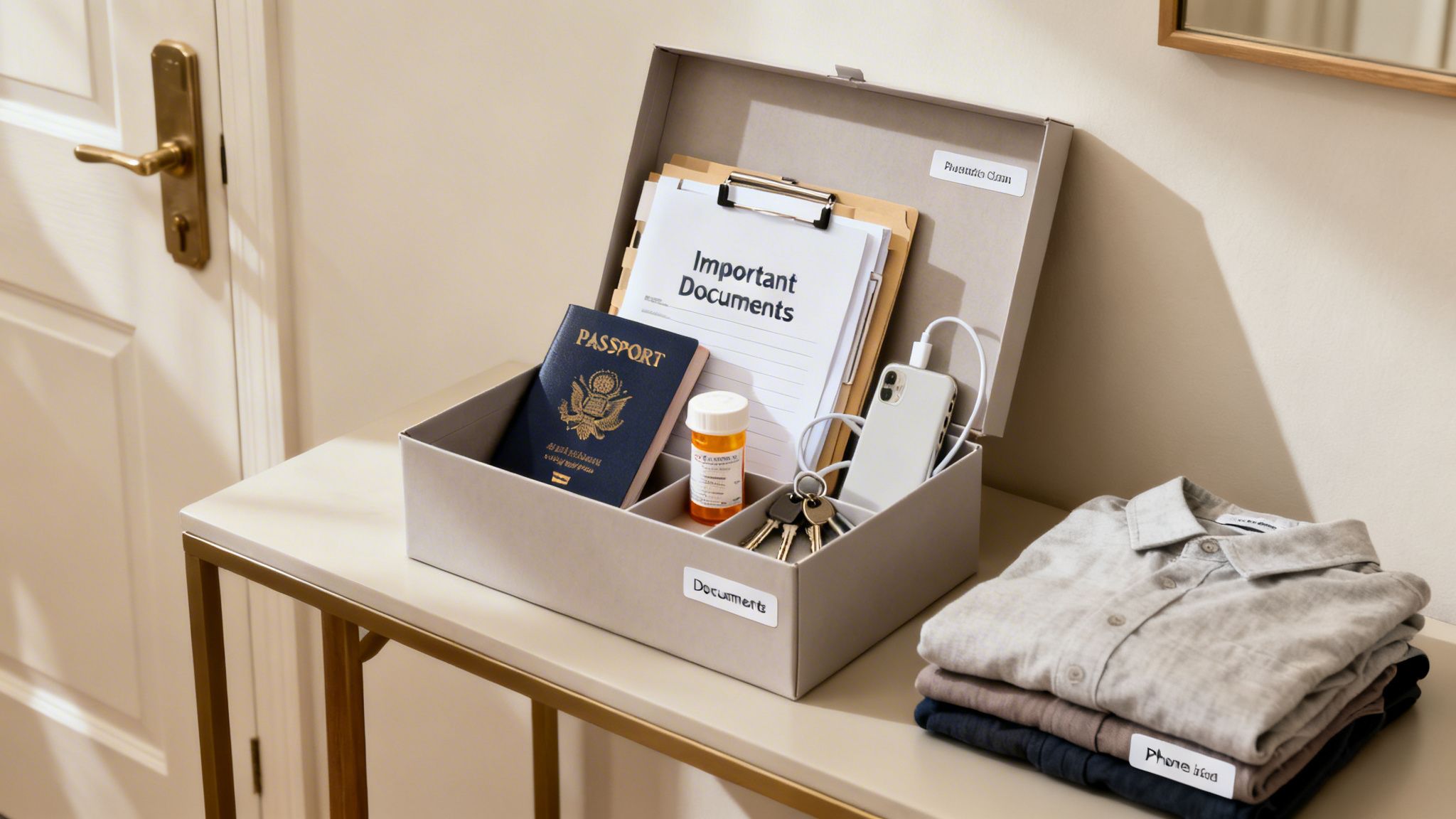 An organized gray box on a console table holding a passport, documents, keys, and a phone, next to folded shirts.