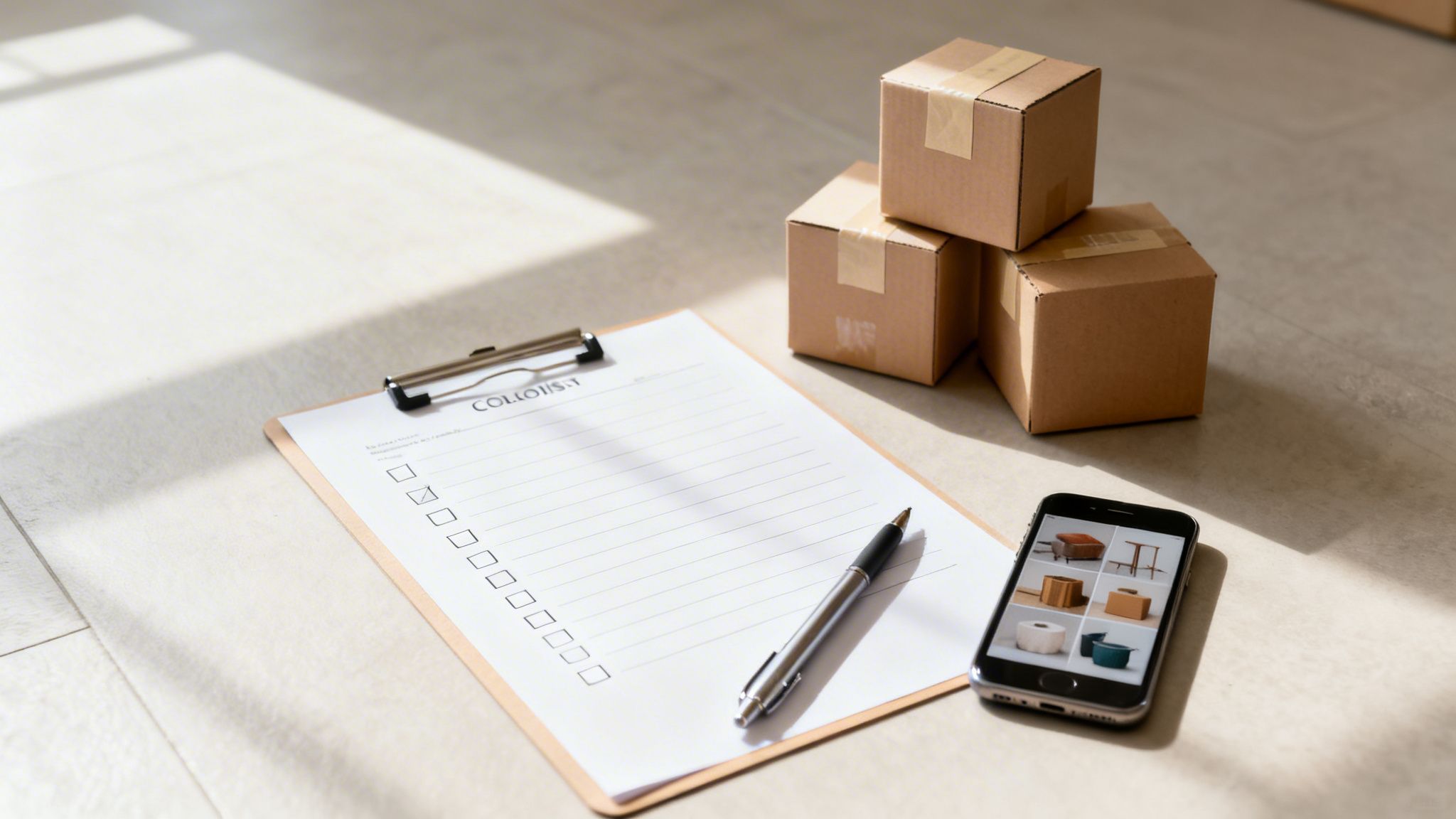 Cardboard moving boxes, a checklist with a pen, and a smartphone on a light floor.