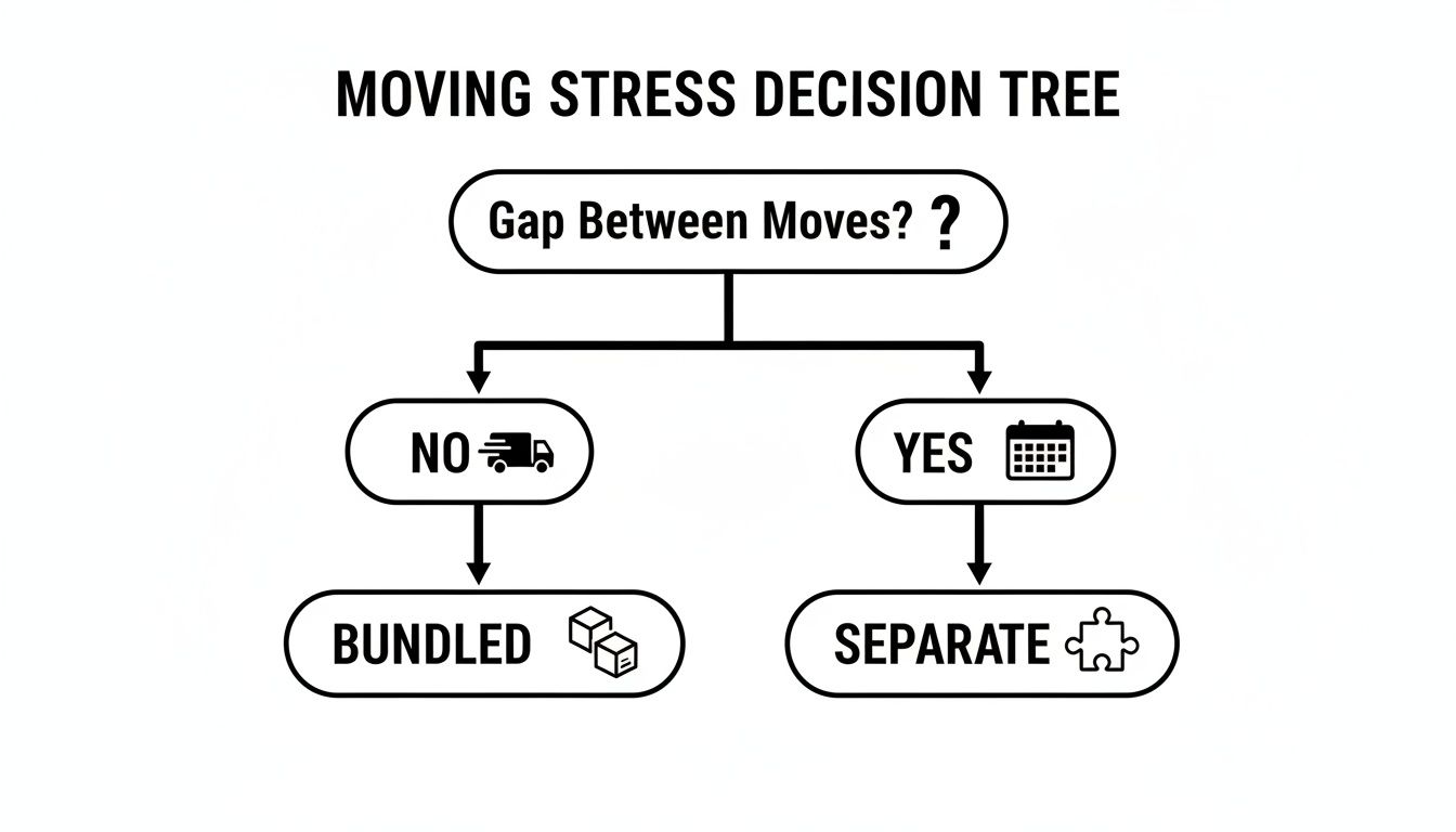 A moving stress decision tree flowchart guiding whether to bundle or separate services based on a gap between moves.