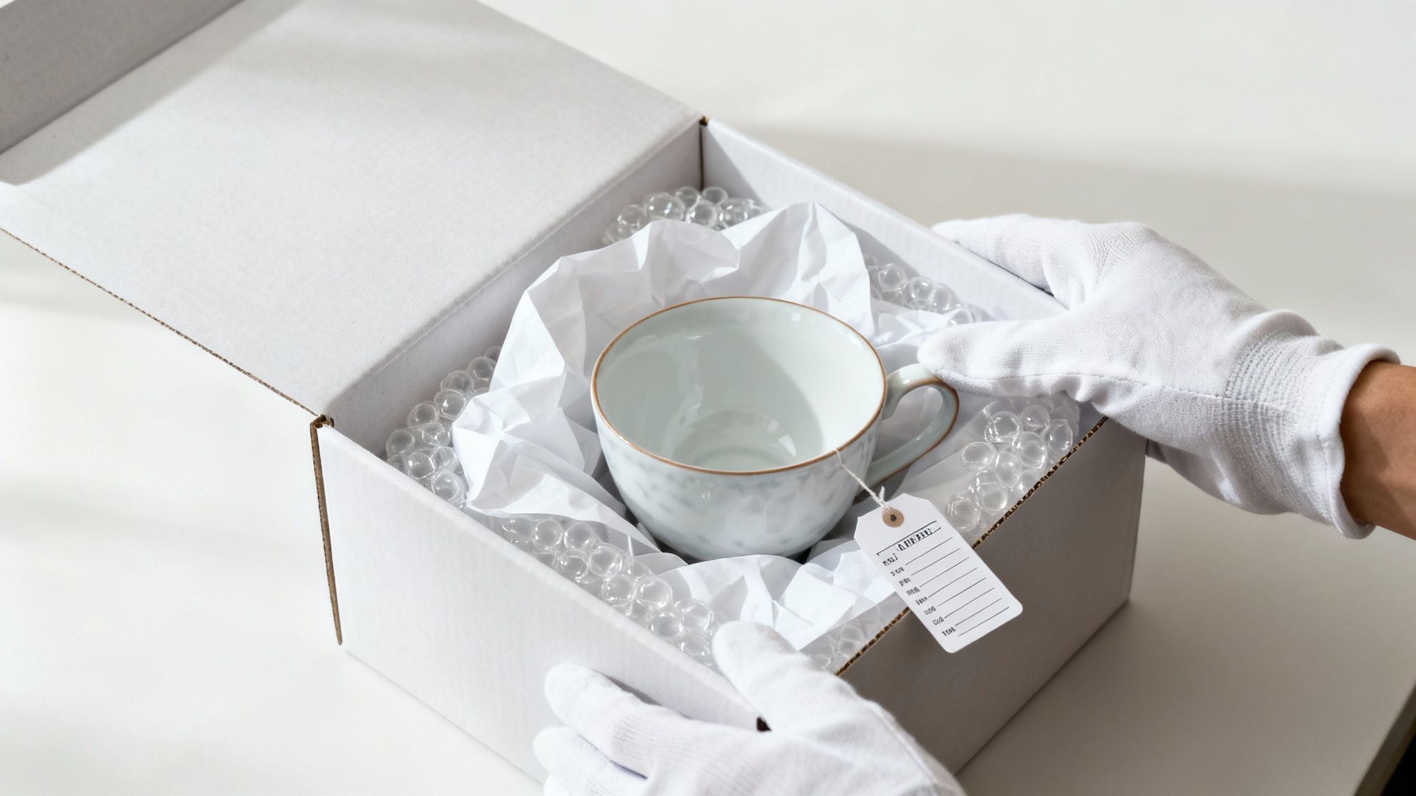 Gloved hands carefully placing a ceramic teacup into a protective shipping box with bubble wrap.