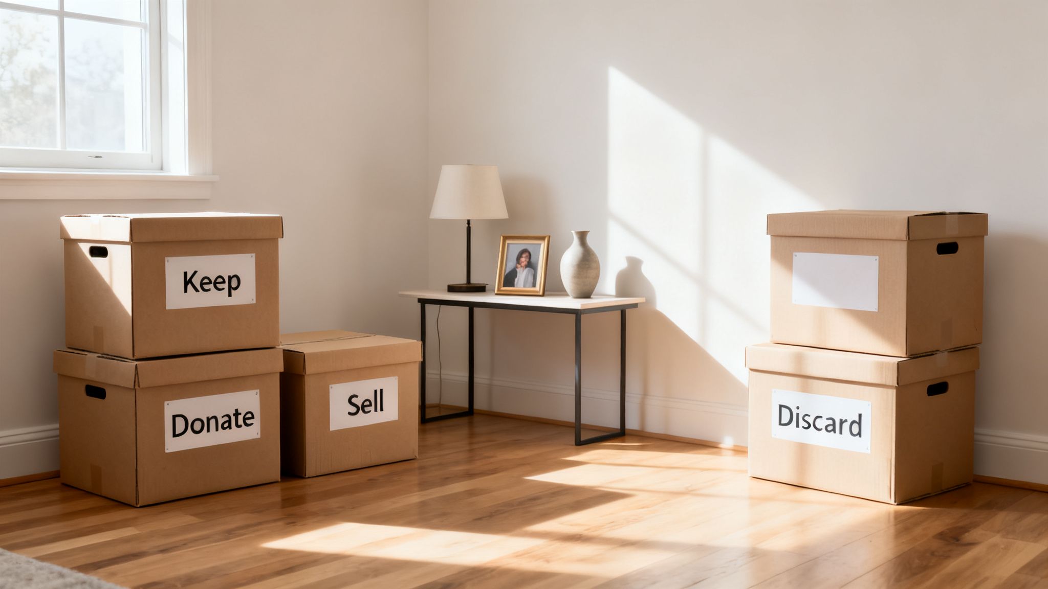 Cardboard moving boxes labeled Keep, Donate, Sell, and Discard in a sunny room.