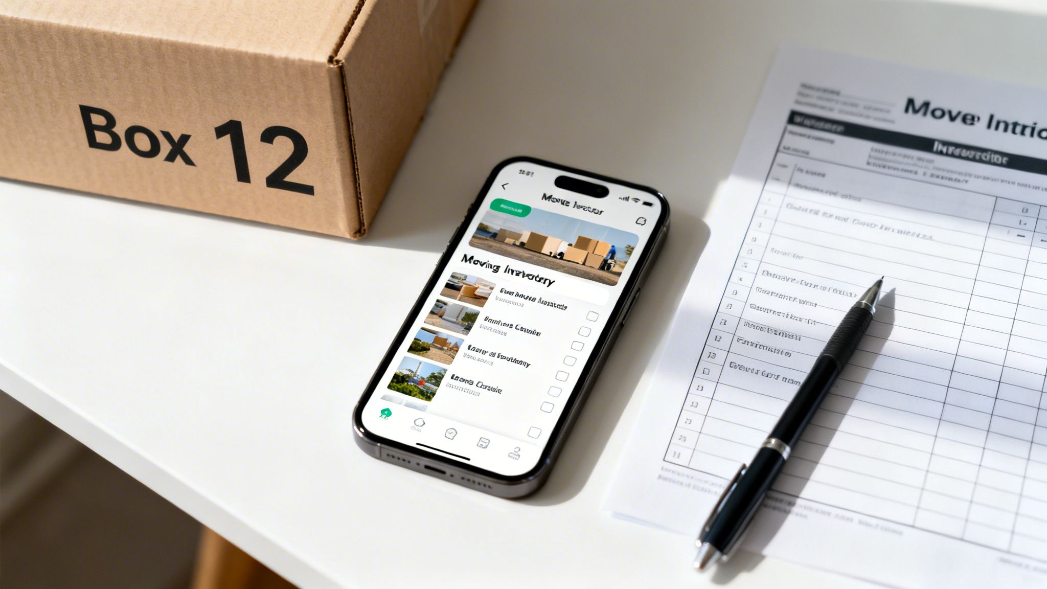 A smartphone displaying a moving inventory app, a labeled cardboard box, and a physical checklist with a pen.