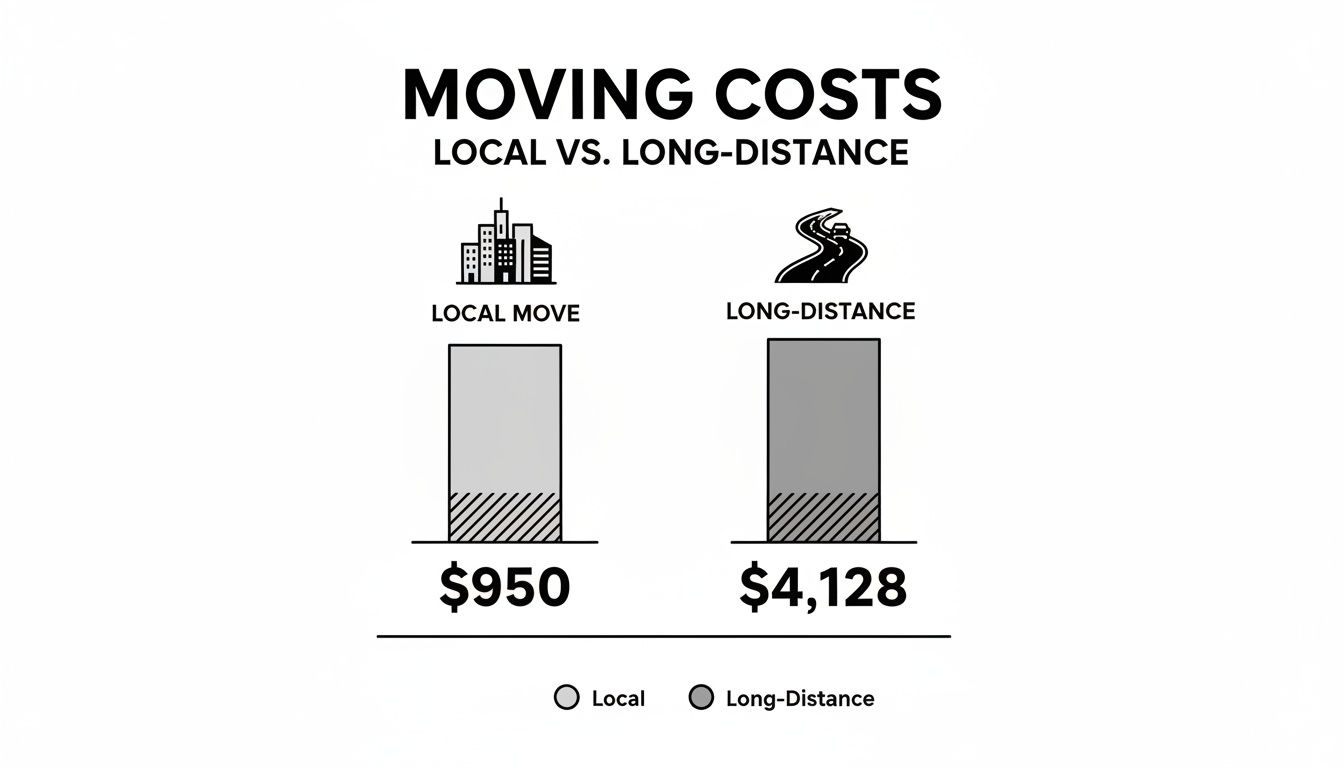 Infographic comparing average moving costs for local moves ($950) versus long-distance moves ($4,128).