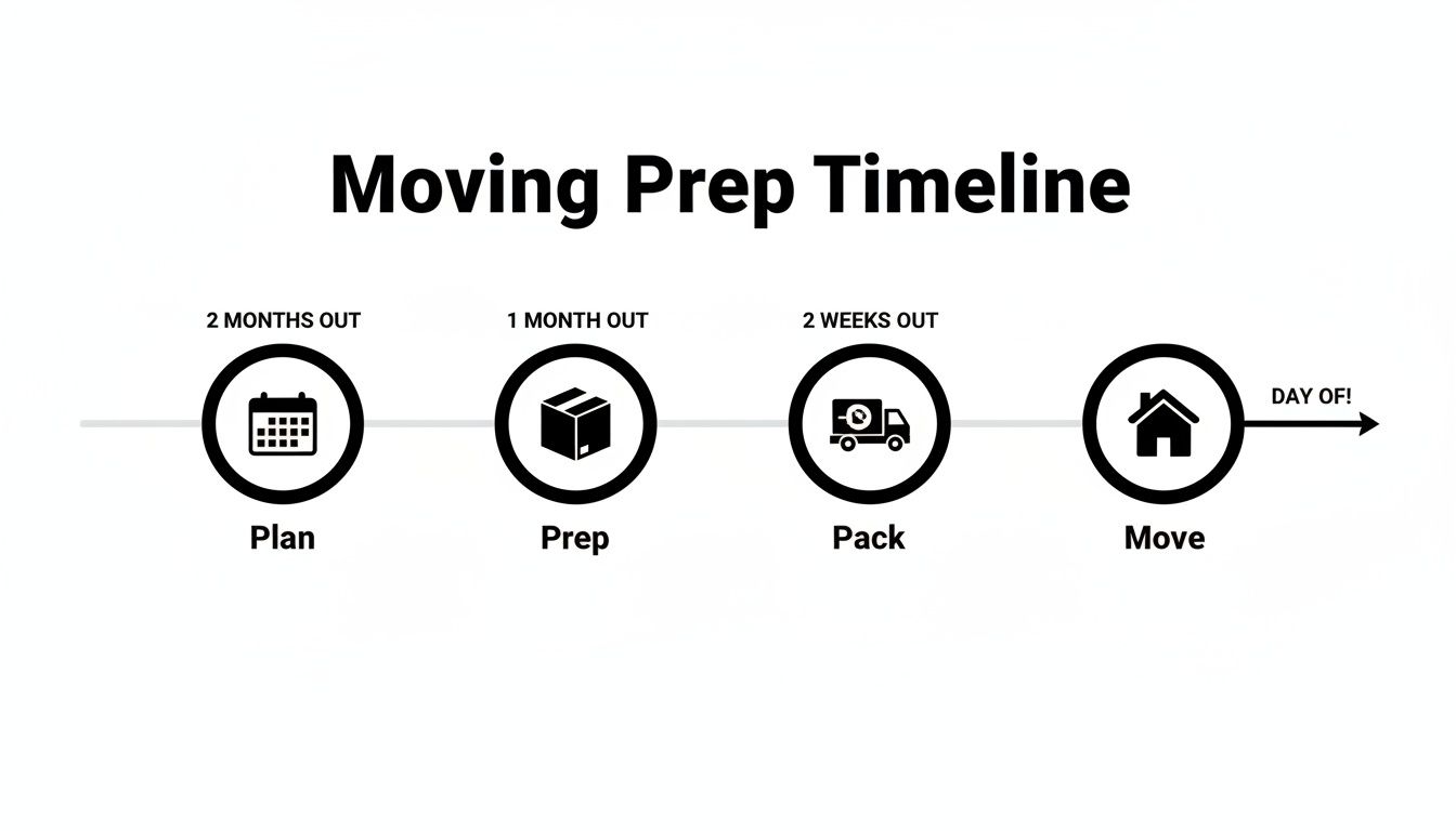 A moving preparation timeline illustrating four key stages: Plan, Prep, Pack, and Move, with associated dates.
