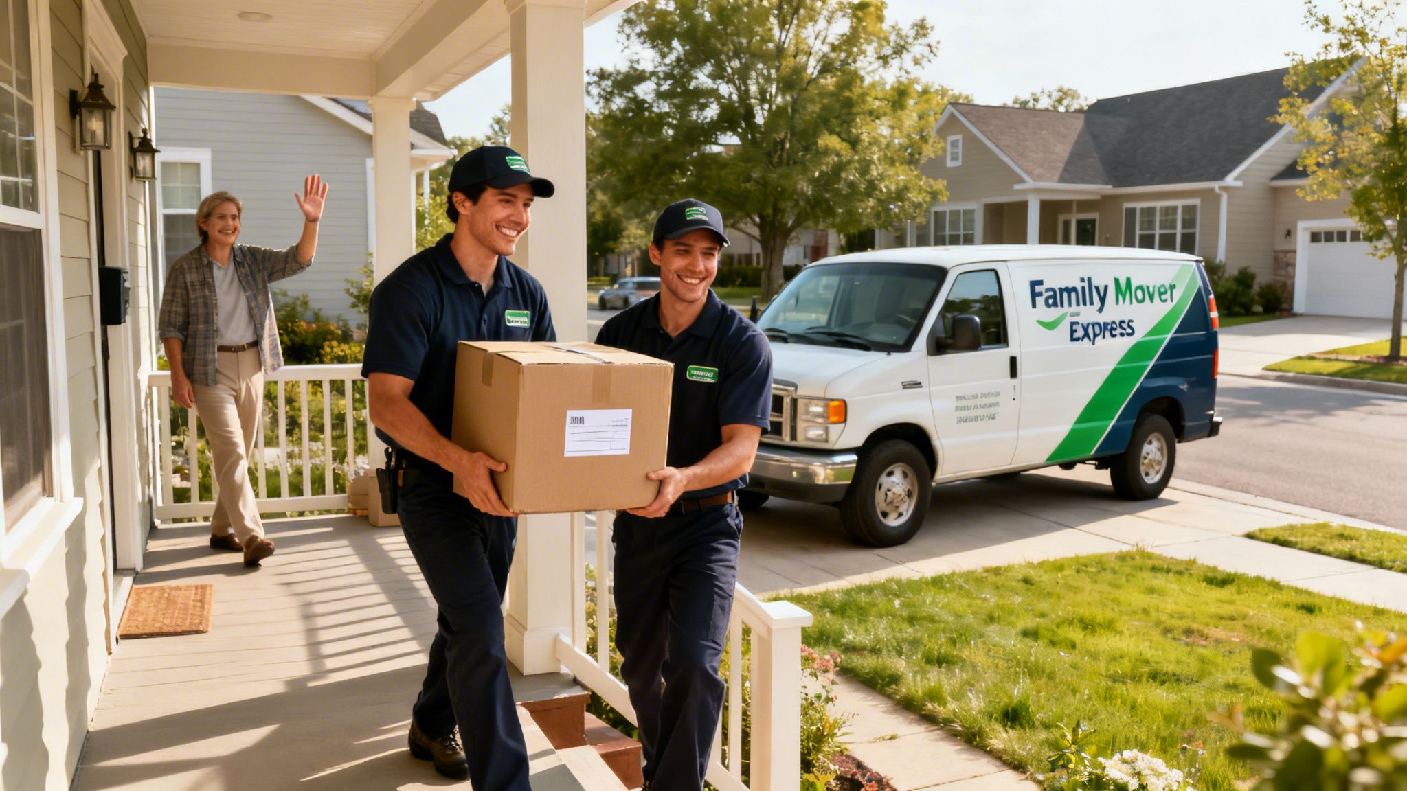 Two professional movers carrying a box to a residential home with a smiling client waving.