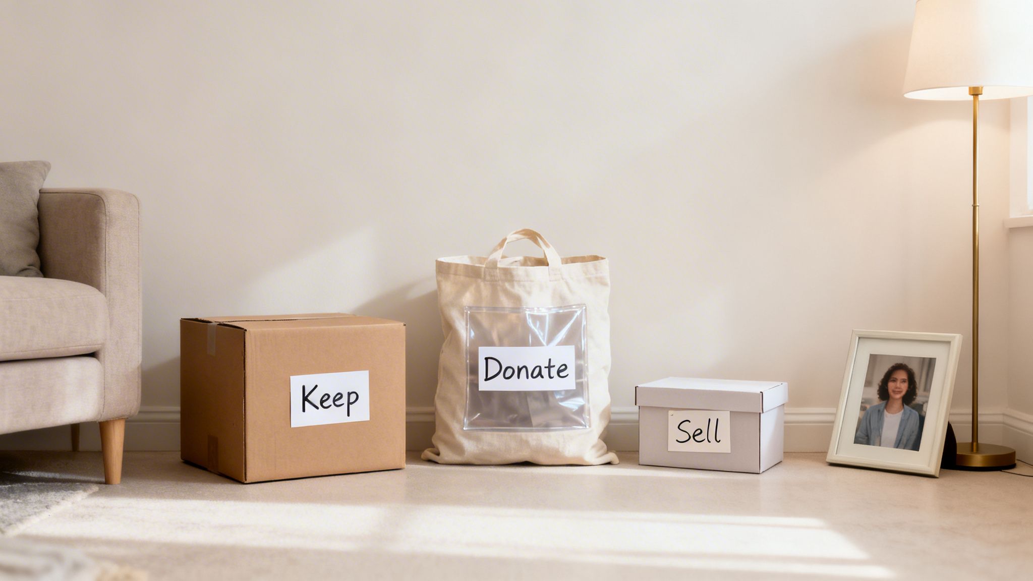 A room with items sorted for decluttering: a 'Keep' box, 'Donate' bag, and 'Sell' box.