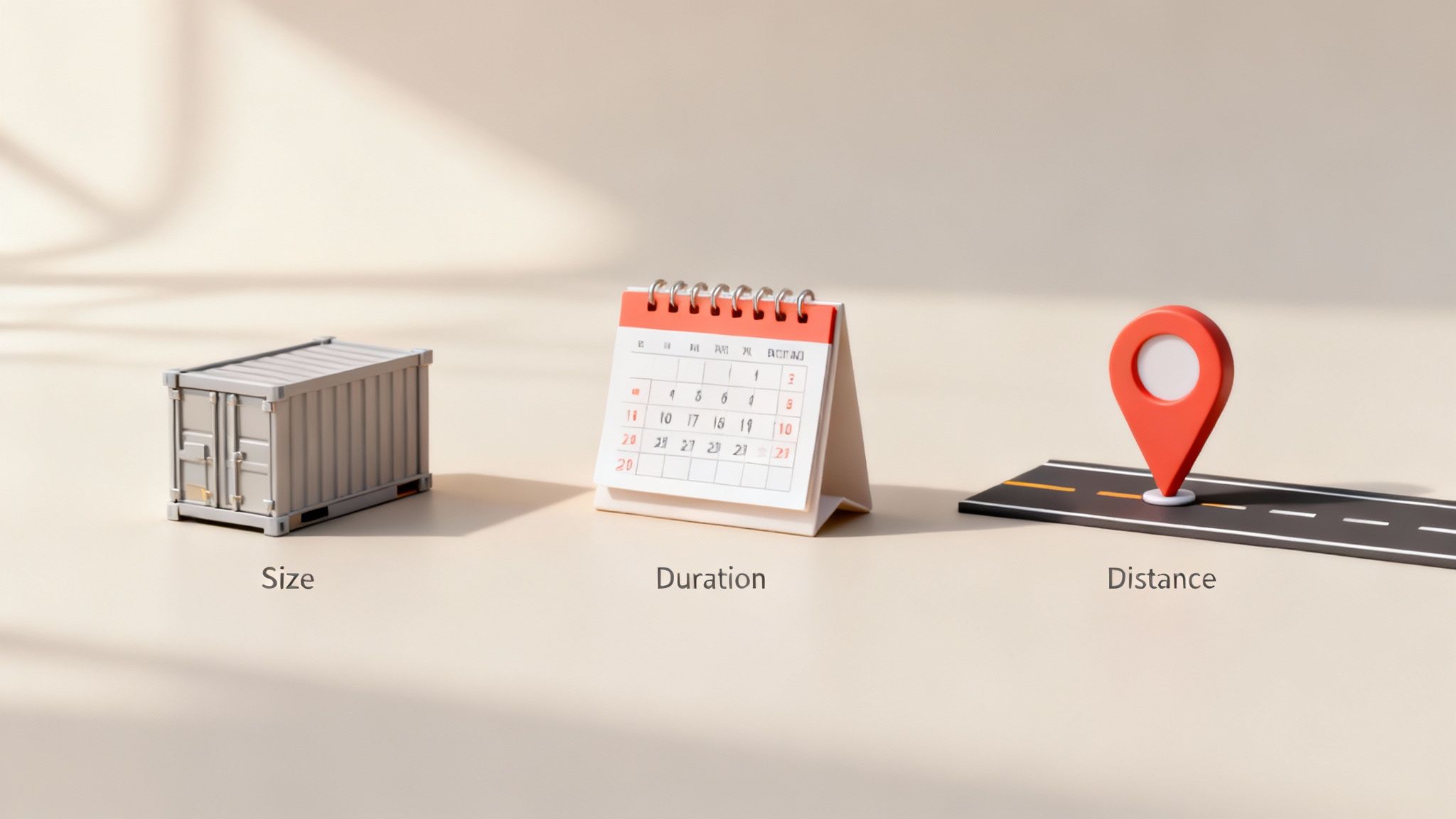 Illustrative image showing a container, calendar, and map pin, representing size, duration, and distance for logistics.
