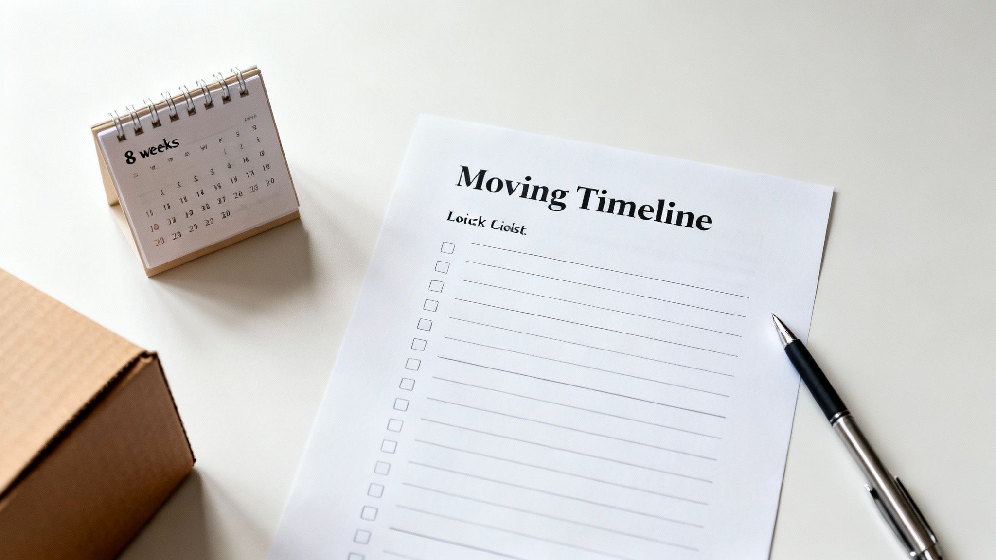 A moving timeline checklist, a calendar showing '8 weeks', a pen, and a cardboard box on a white desk.