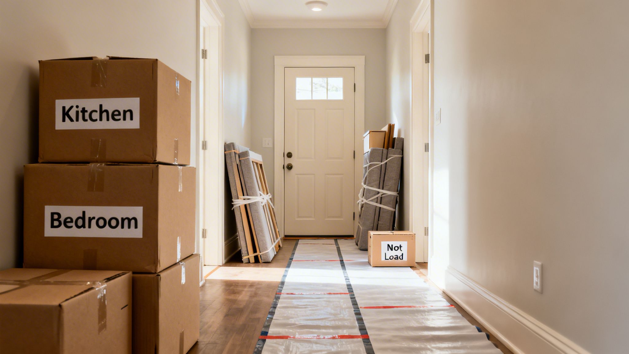 A hallway filled with moving boxes labeled 'Kitchen' and 'Bedroom', wrapped furniture, and floor protection, indicating a house move.