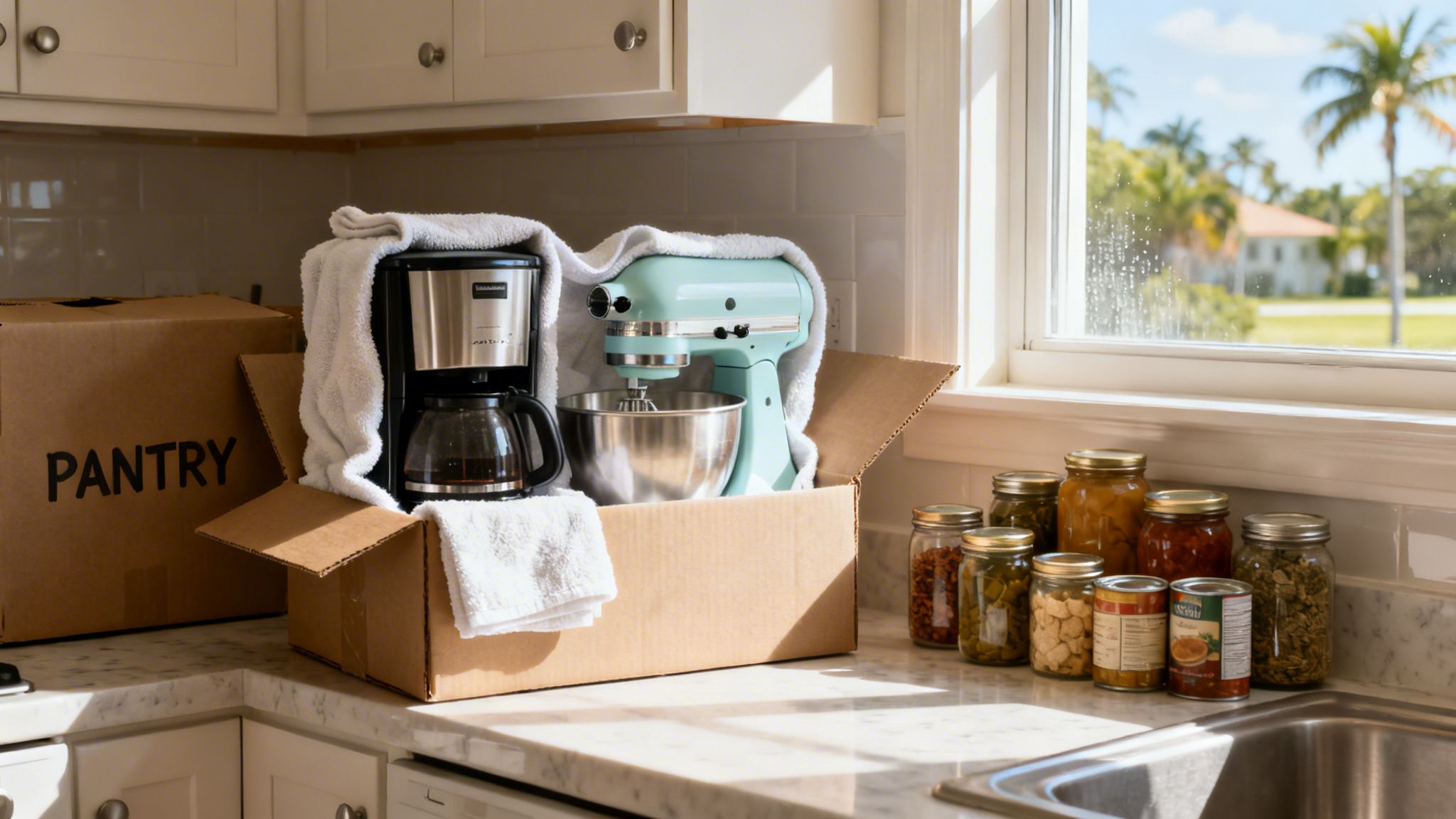 Unpacked kitchen items including a coffee maker, stand mixer, and food jars on a counter, with moving boxes.
