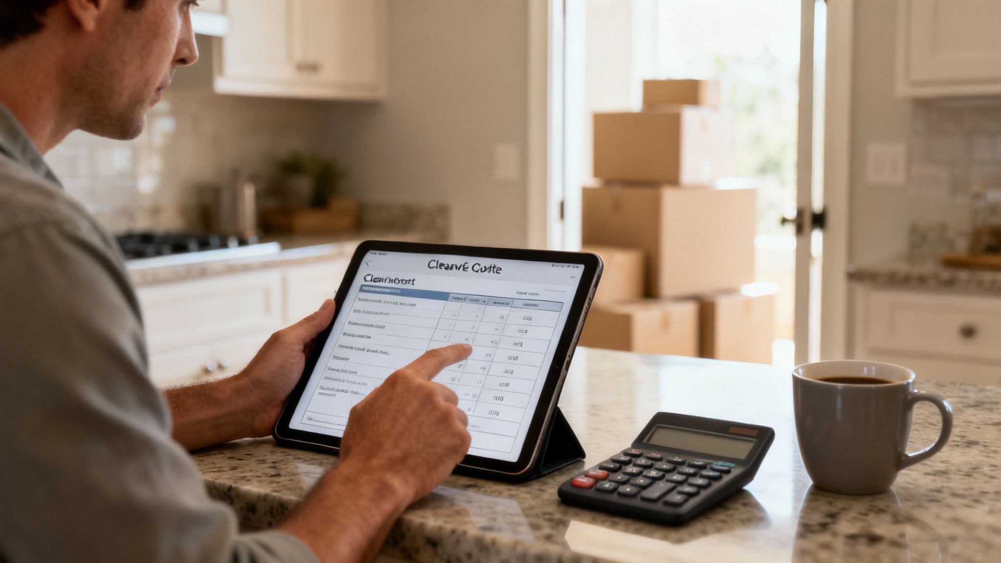 A man reviews a moving quote on a tablet, with a calculator and coffee in a kitchen with moving boxes.
