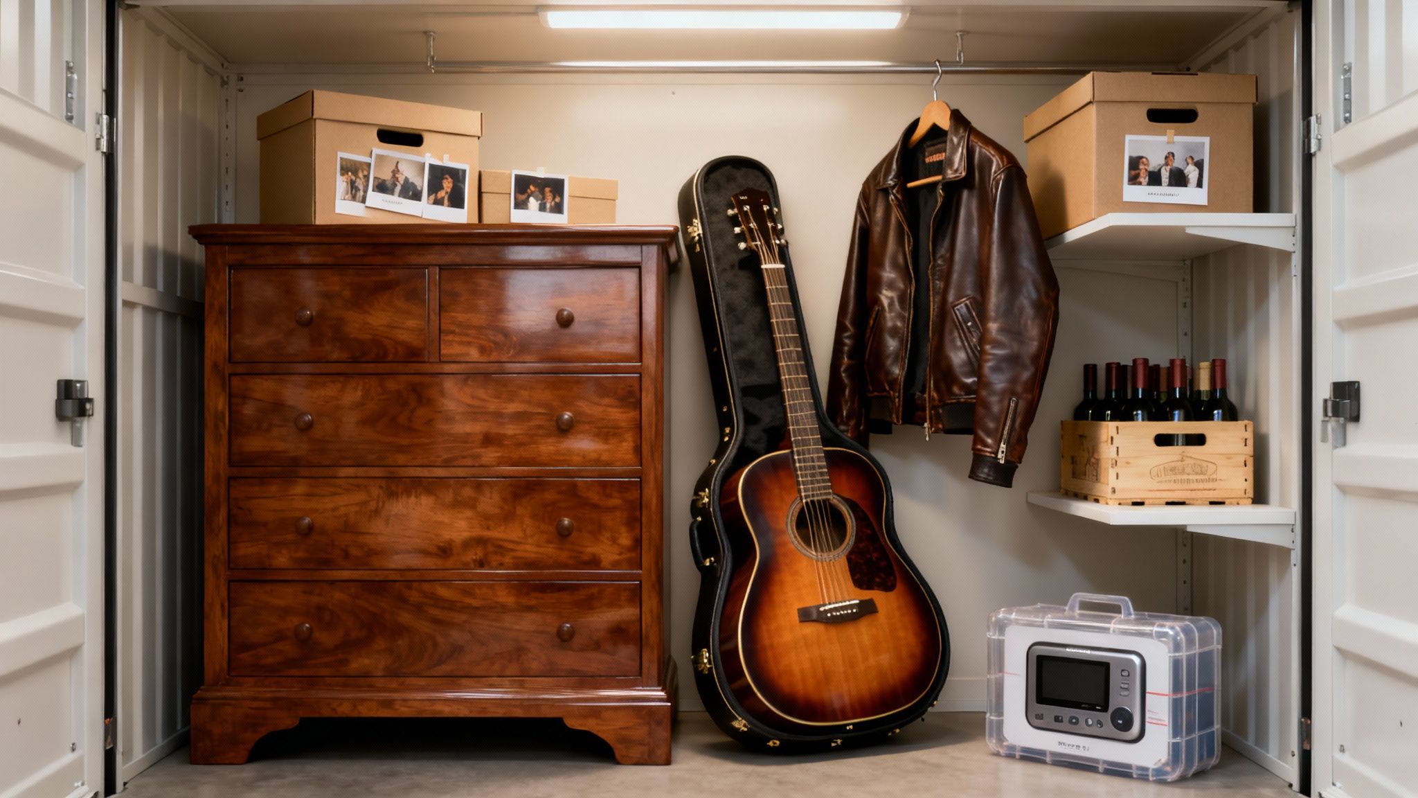A well-organized climate-controlled storage unit with a dresser, guitar, leather jacket, and boxes.