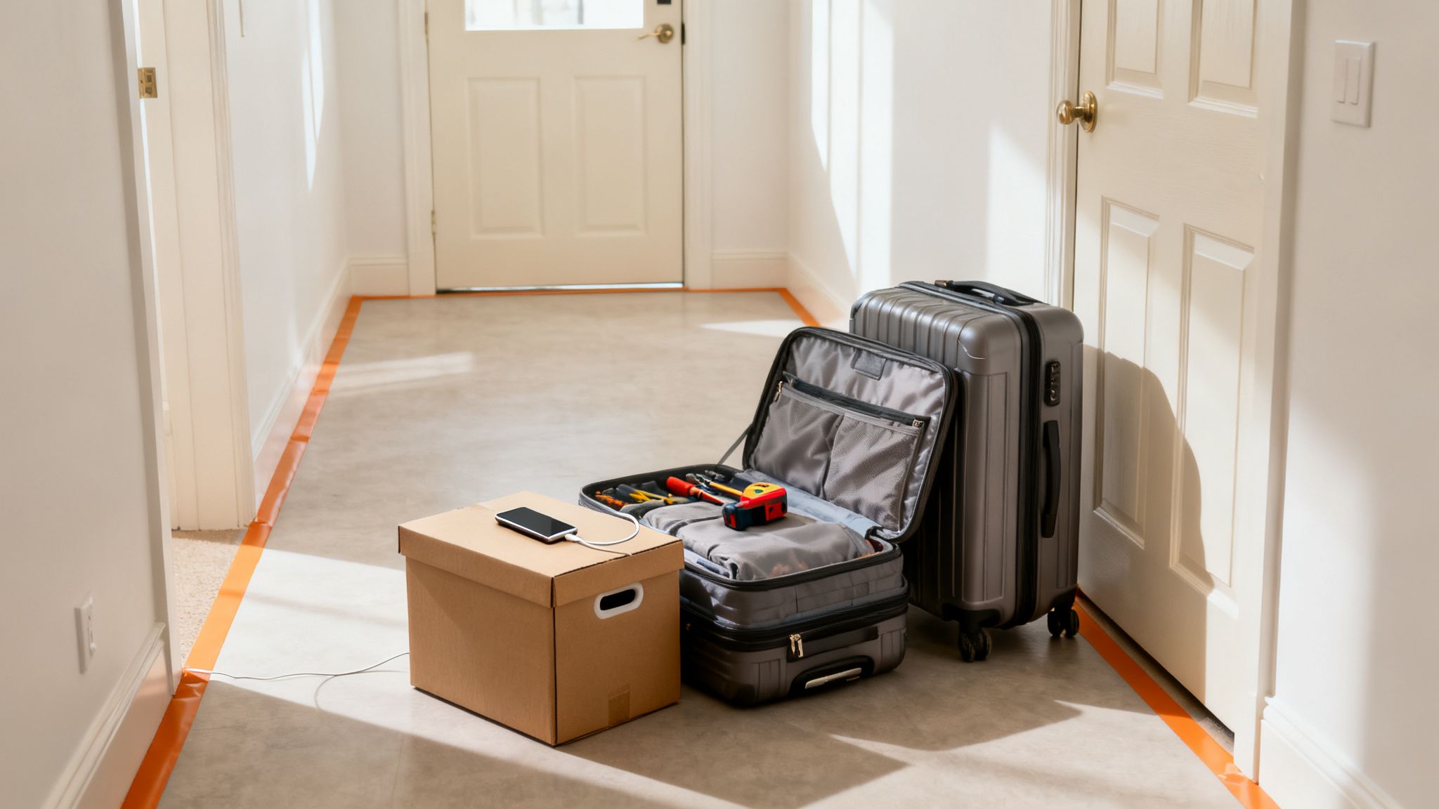 Two suitcases, an open tool bag, and a cardboard box with a charging phone in a bright hallway.