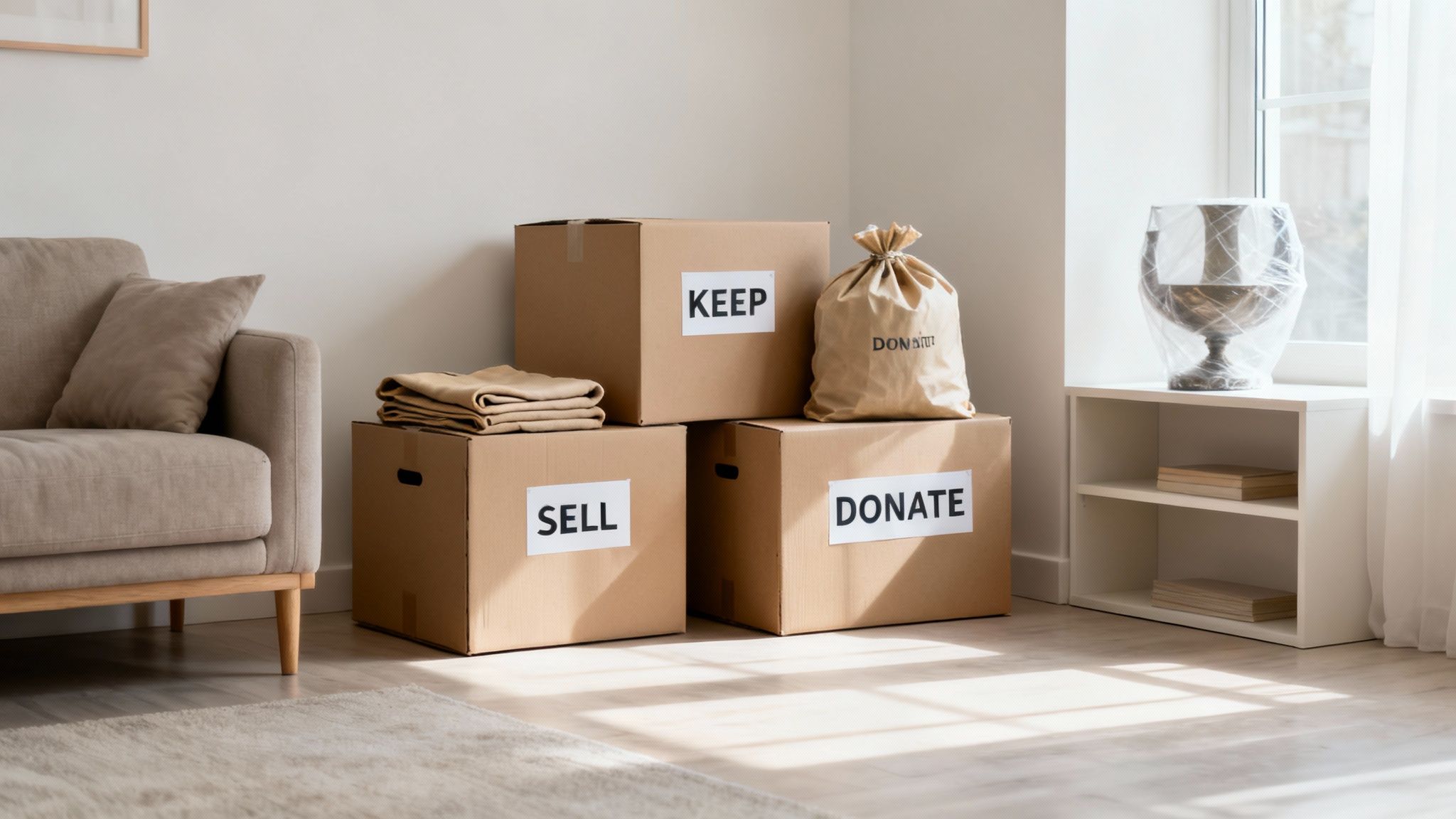 Cardboard boxes labeled 'Keep', 'Sell', 'Donate' and a 'Donate' bag, for household organization.