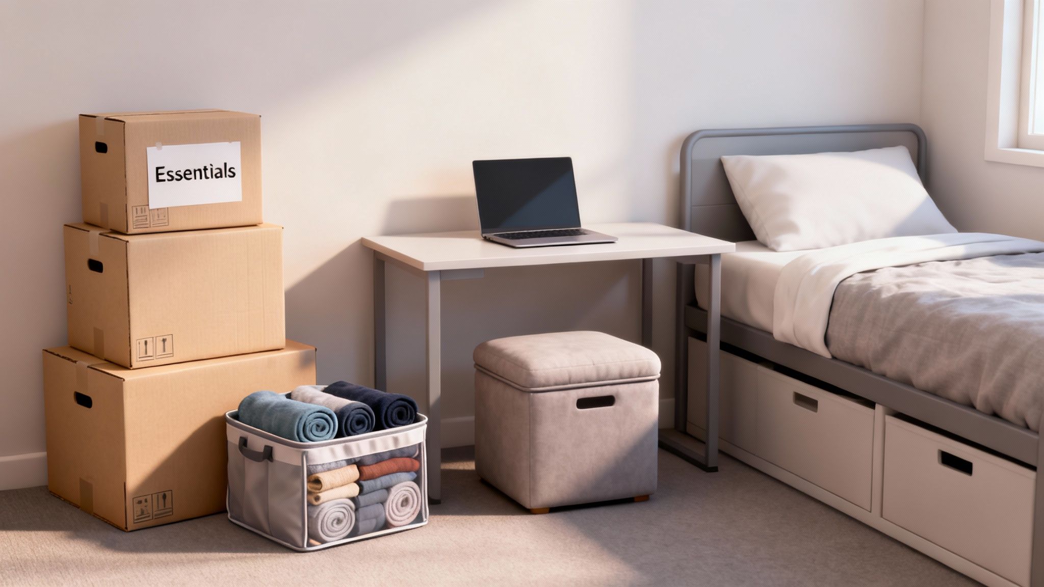 A student room with moving boxes labeled 'Essentials', a bed with storage, a desk with a laptop, and folded essentials.