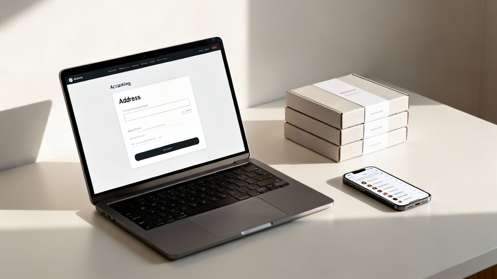 Modern desk setup with a laptop showing an accounting address form, a smartphone, and stacked boxes.