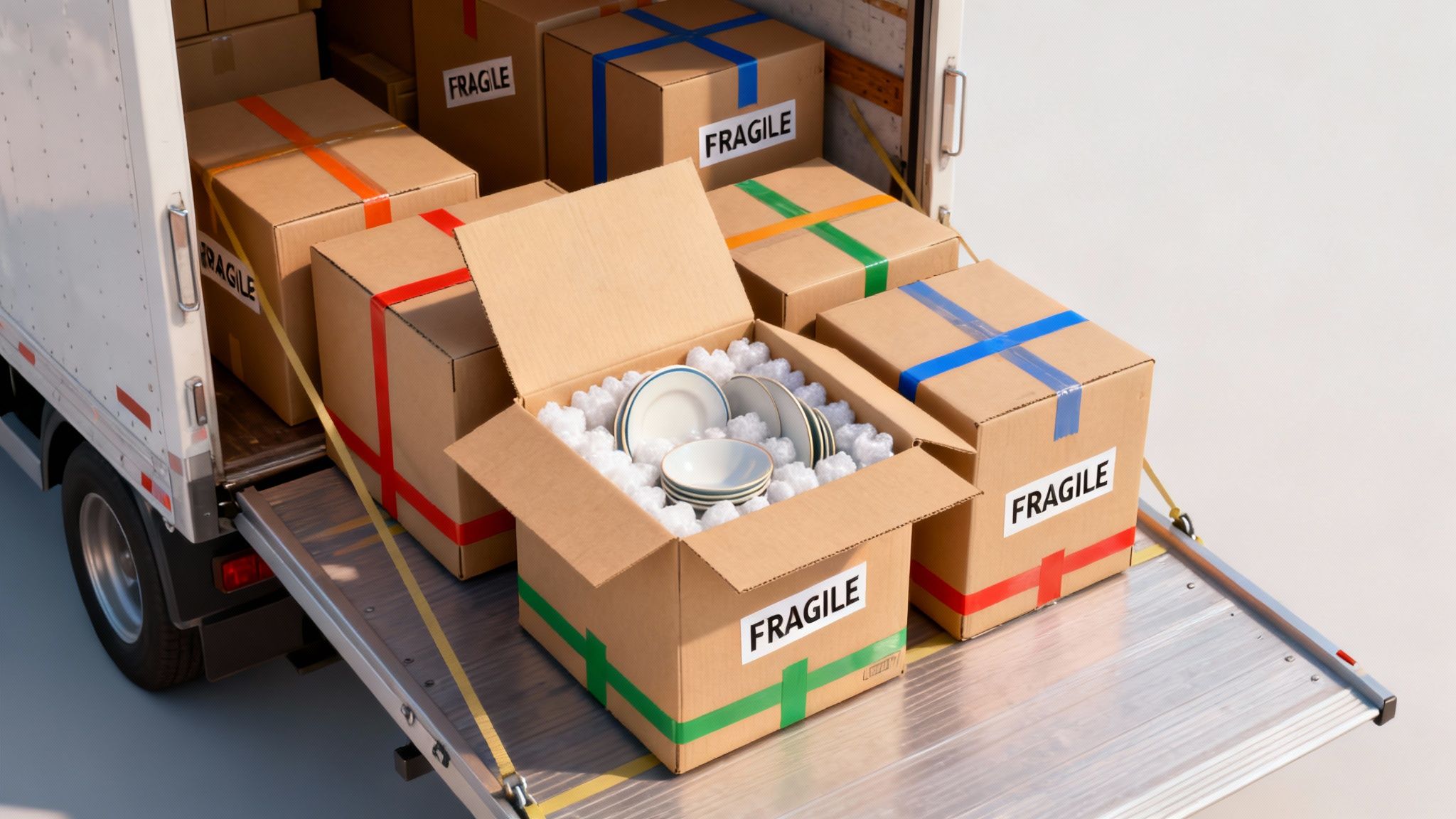 Cardboard moving boxes, some labeled 'FRAGILE', on a truck's ramp, one open with dishes.