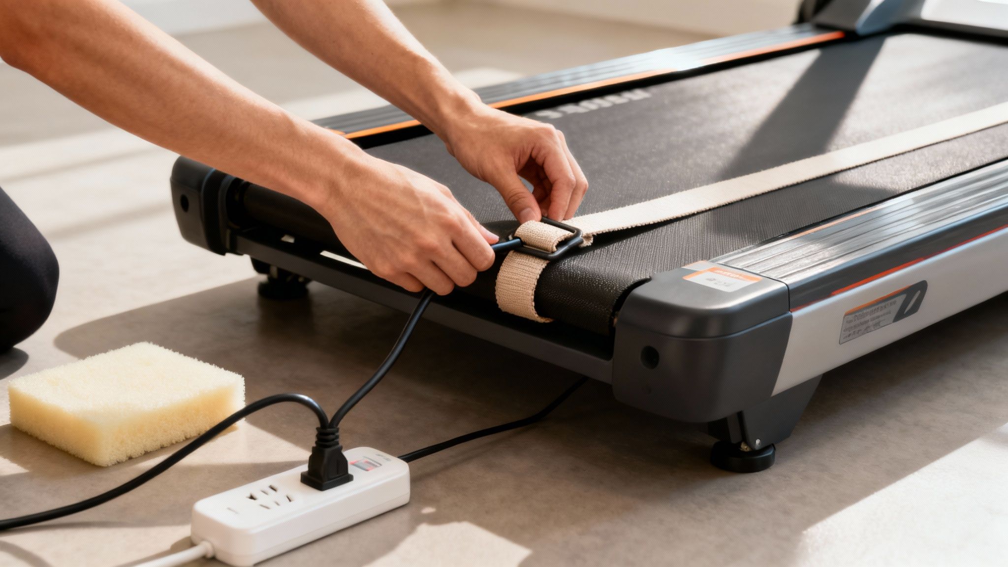 Hands adjust a beige strap on a black treadmill, preparing it for movement, with a power strip and sponge nearby.