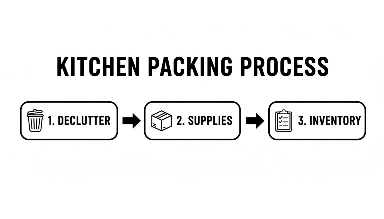 A three-step flowchart illustrating the kitchen packing process: Declutter, Supplies, and Inventory.