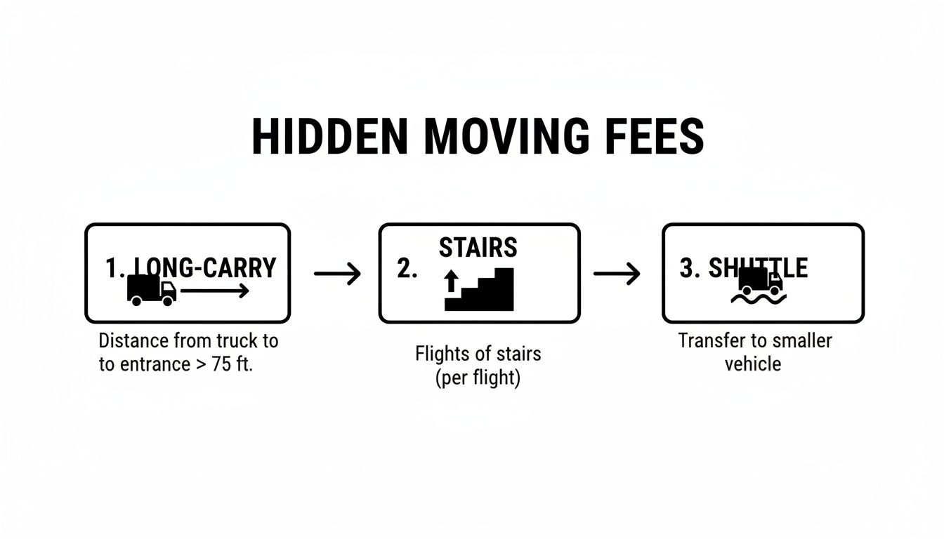 Diagram illustrating three common hidden moving fees: long-carry, stairs per flight, and shuttle service requirements.