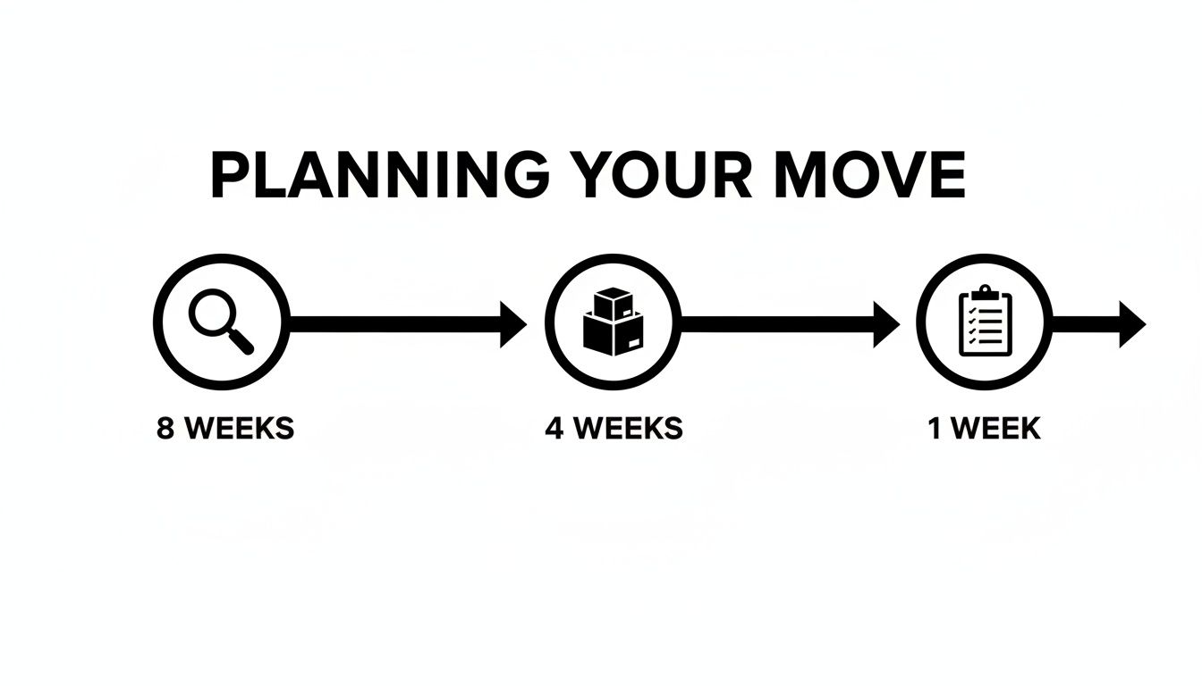 A timeline graphic outlining the planning stages for a move, showing 8 weeks, 4 weeks, and 1 week.
