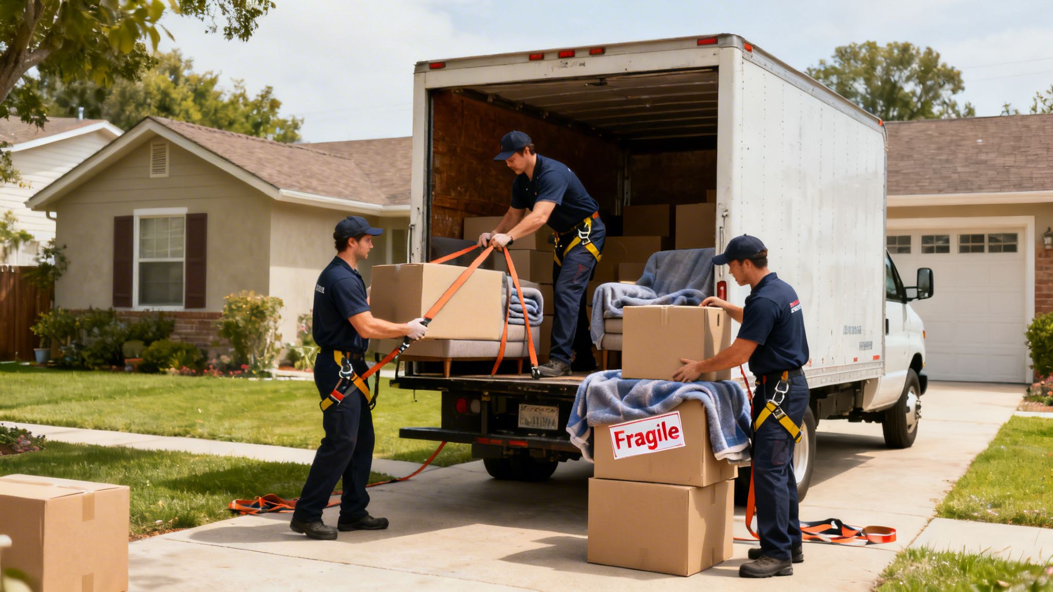 Three professional movers loading boxes and furniture onto a moving truck outside a suburban house.