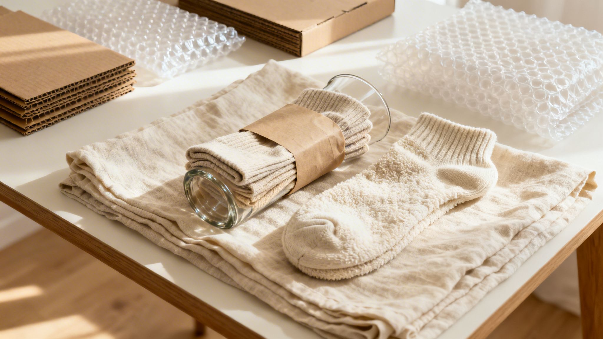 Moving supplies on a white table including cardboard, bubble wrap, a cloth, and packed socks.